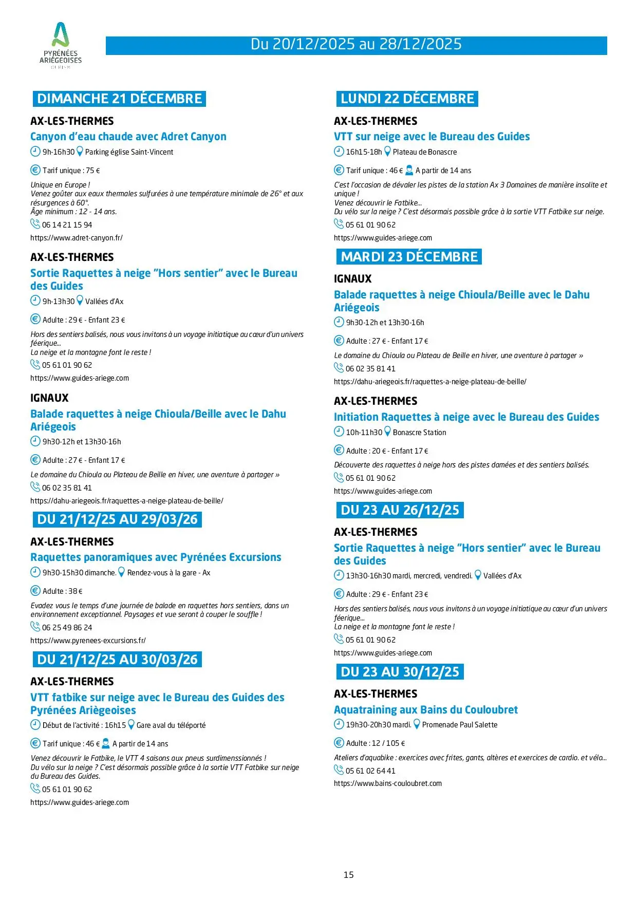 Du 20 au 28.12. Programme Animations & Activités