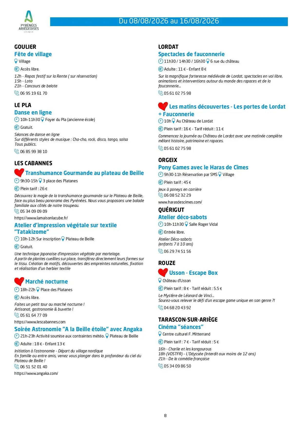 Programme des animations et des activités des Pyrénées Ariégeoises