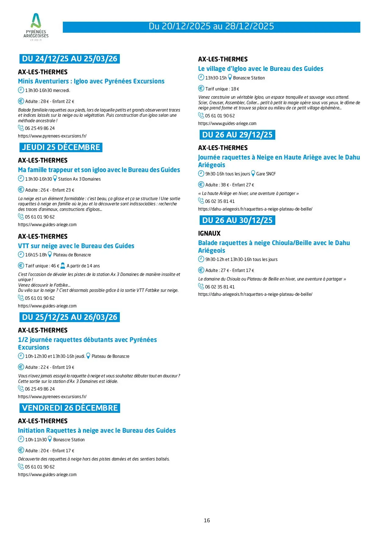 Du 20 au 28.12. Programme Animations & Activités