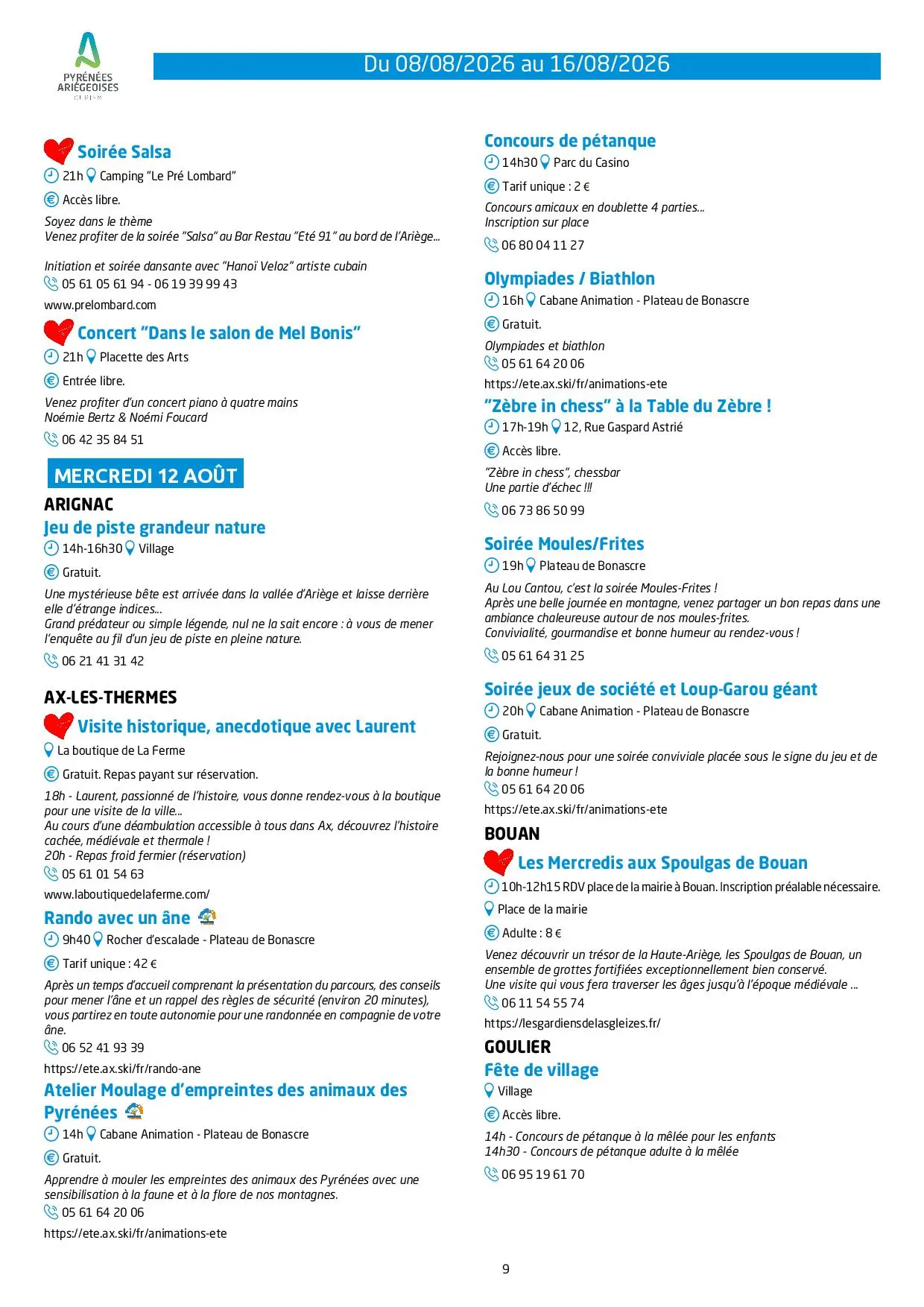 Programme des animations et des activités des Pyrénées Ariégeoises