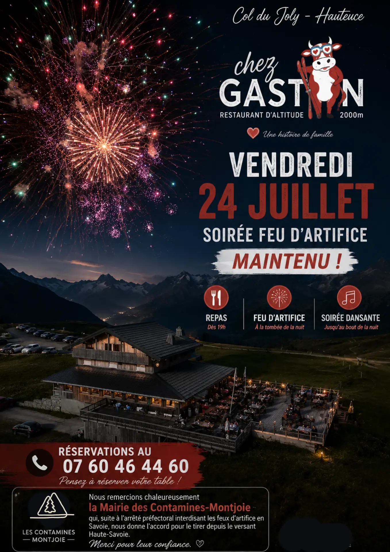 Vendredi 24 juillet - feu d'artifice - soirée musicale - dîner sur réservation