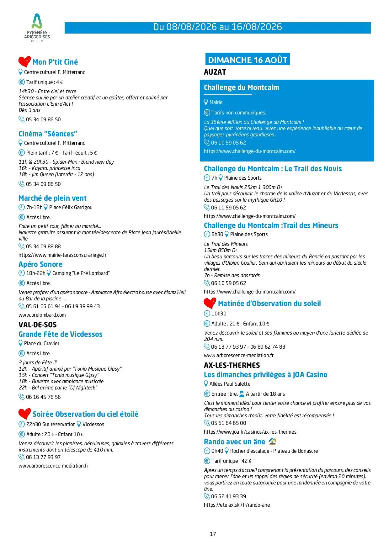 Programme des animations et des activités des Pyrénées Ariégeoises