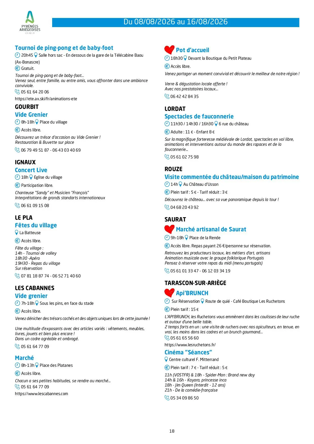 Programme des animations et des activités des Pyrénées Ariégeoises