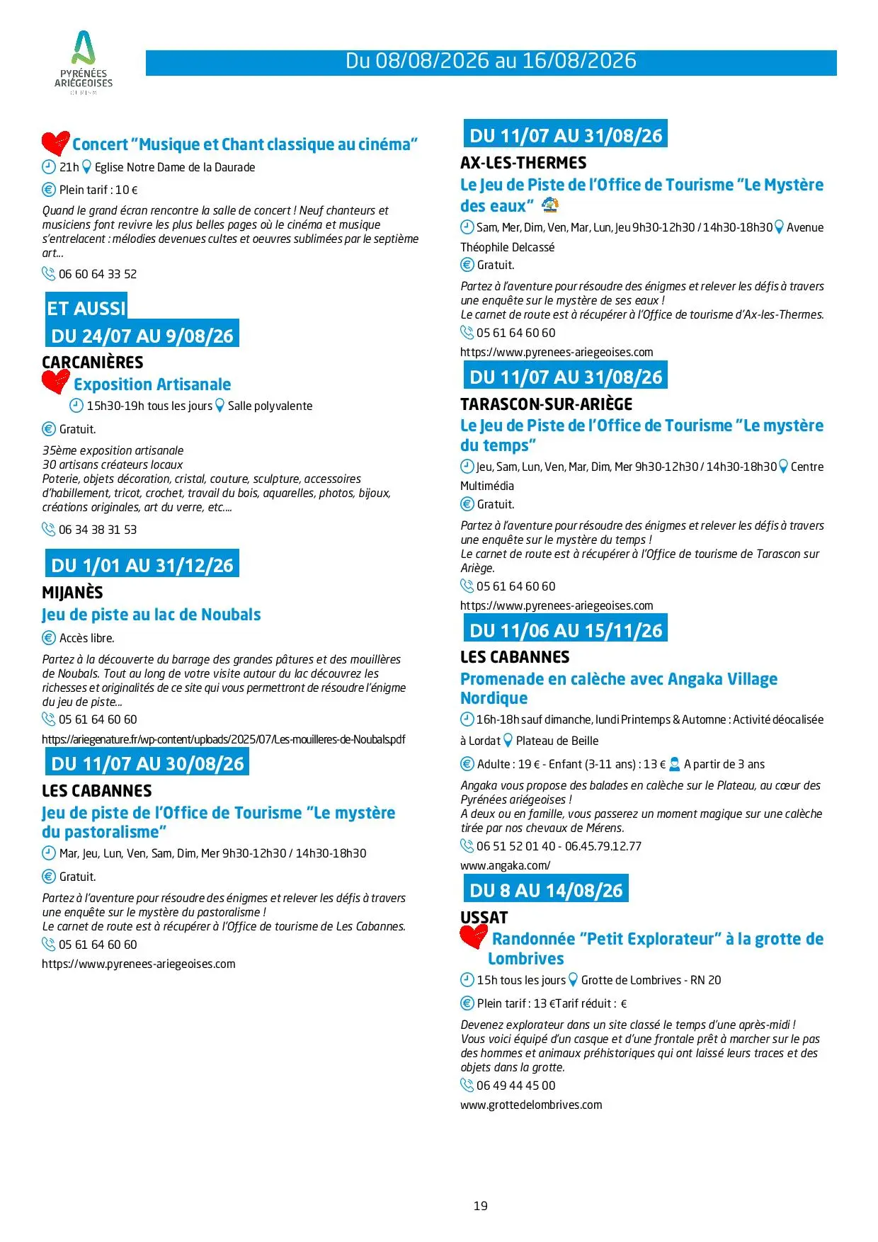 Programme des animations et des activités des Pyrénées Ariégeoises