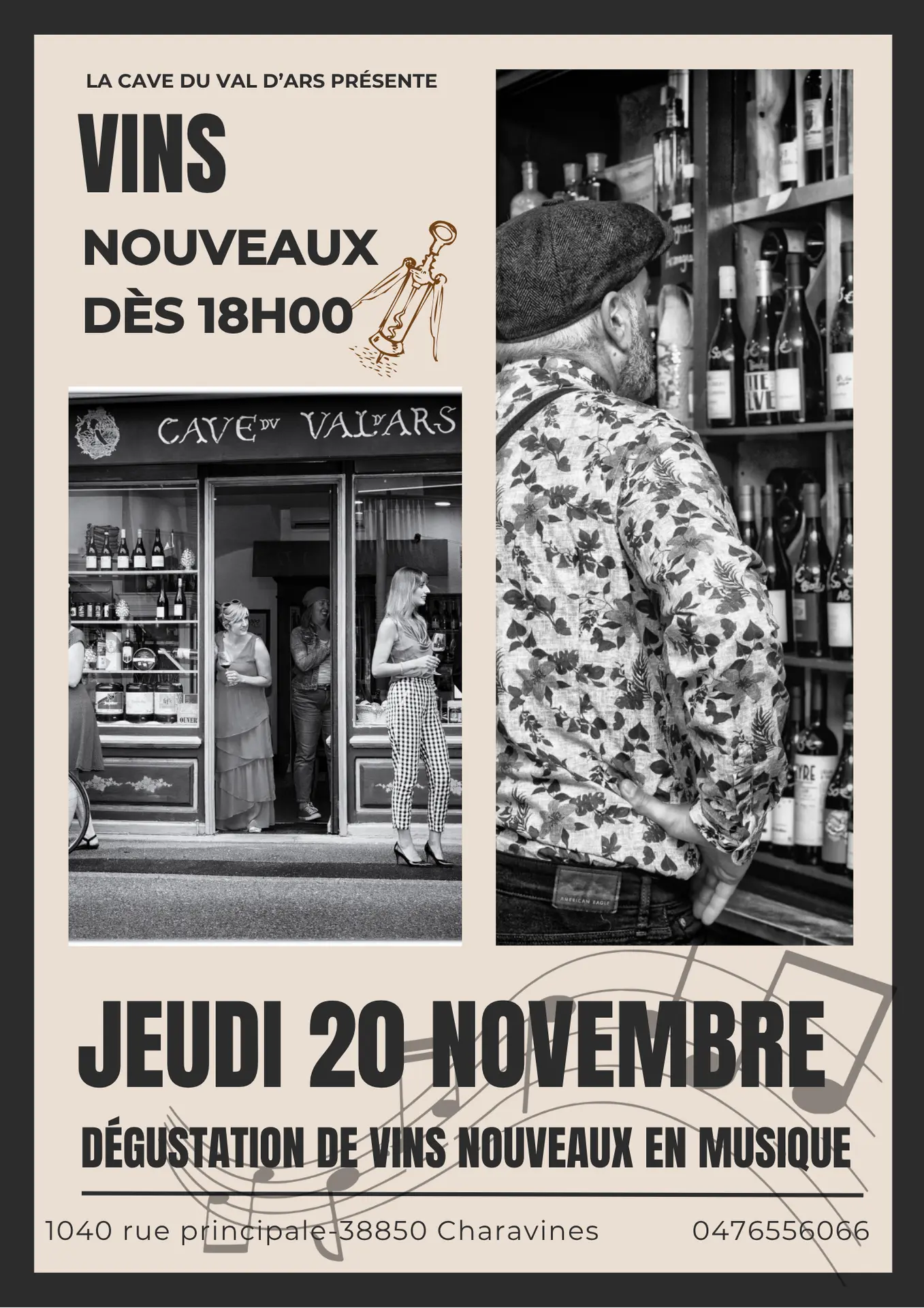 Photos des caves, extérieur et intérieur, en noir et blanc, écritures et style vintage