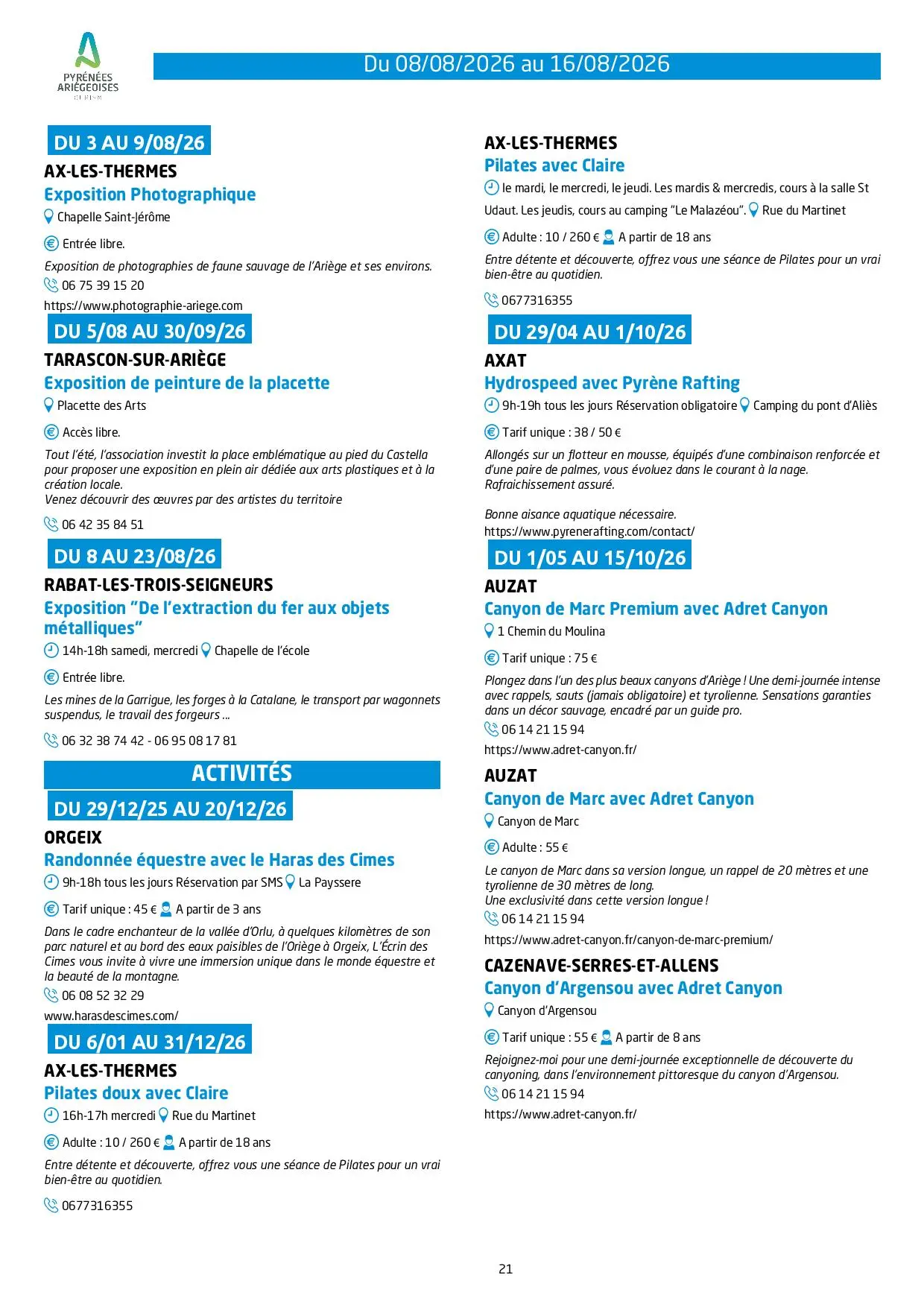 Programme des animations et des activités des Pyrénées Ariégeoises