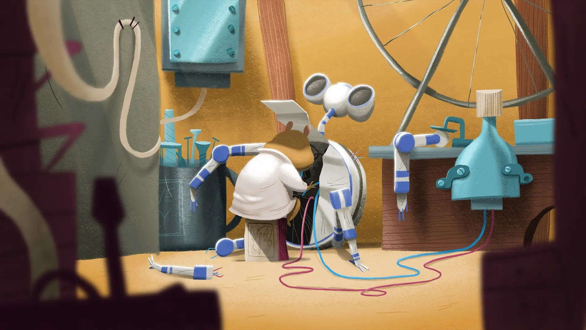 Un hamster répare un robot