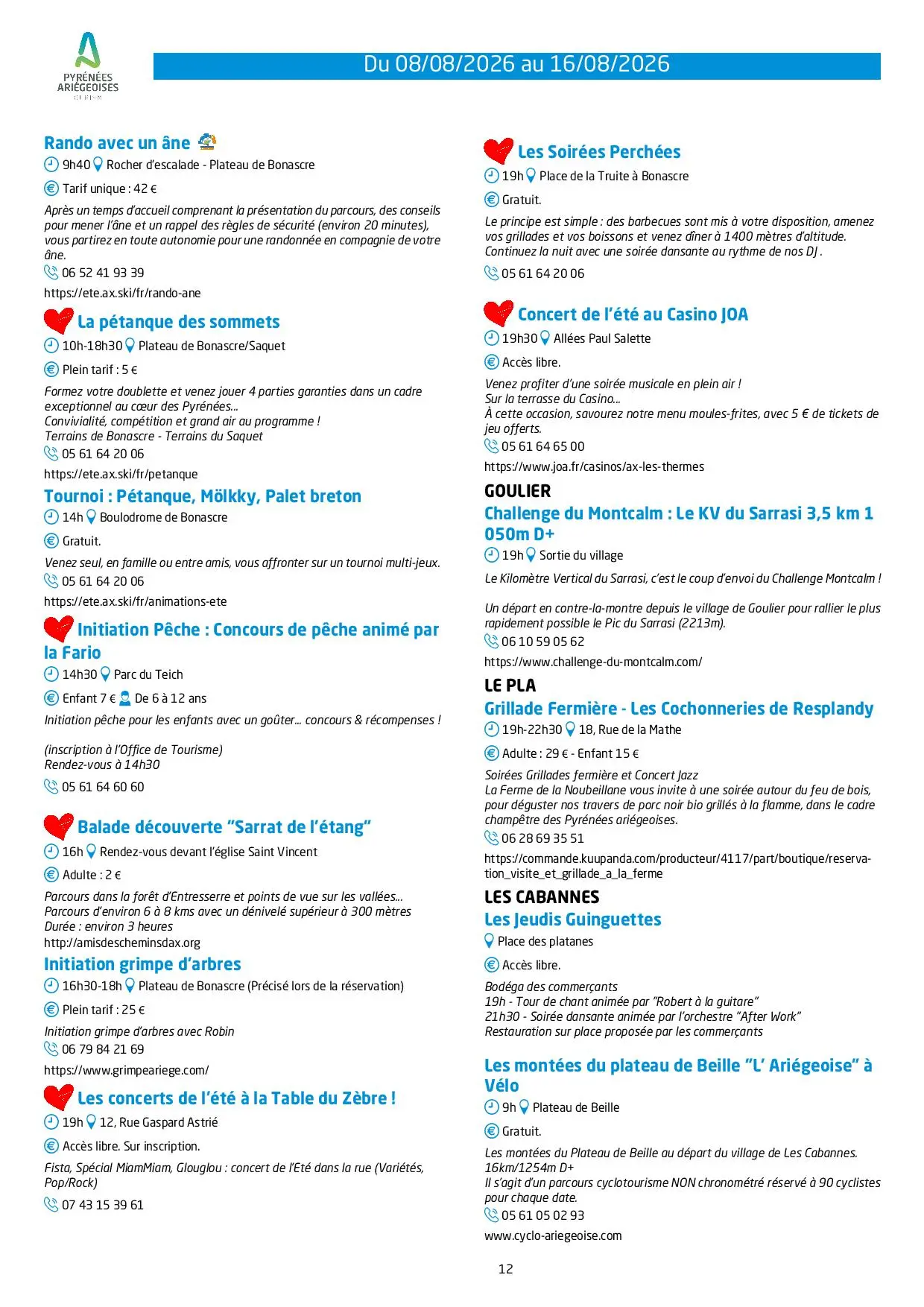Programme des animations et des activités des Pyrénées Ariégeoises