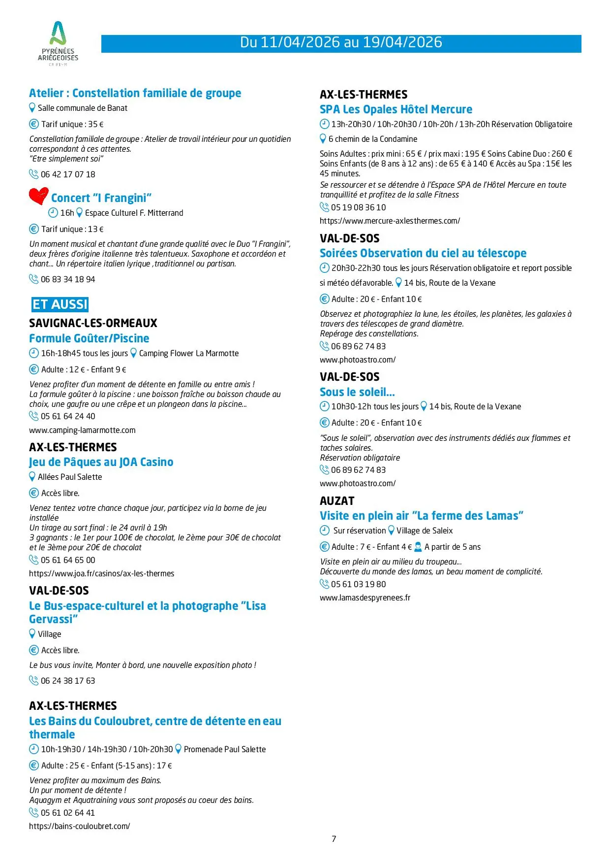 Du 11 au 19.04.Programme Animations & Activités