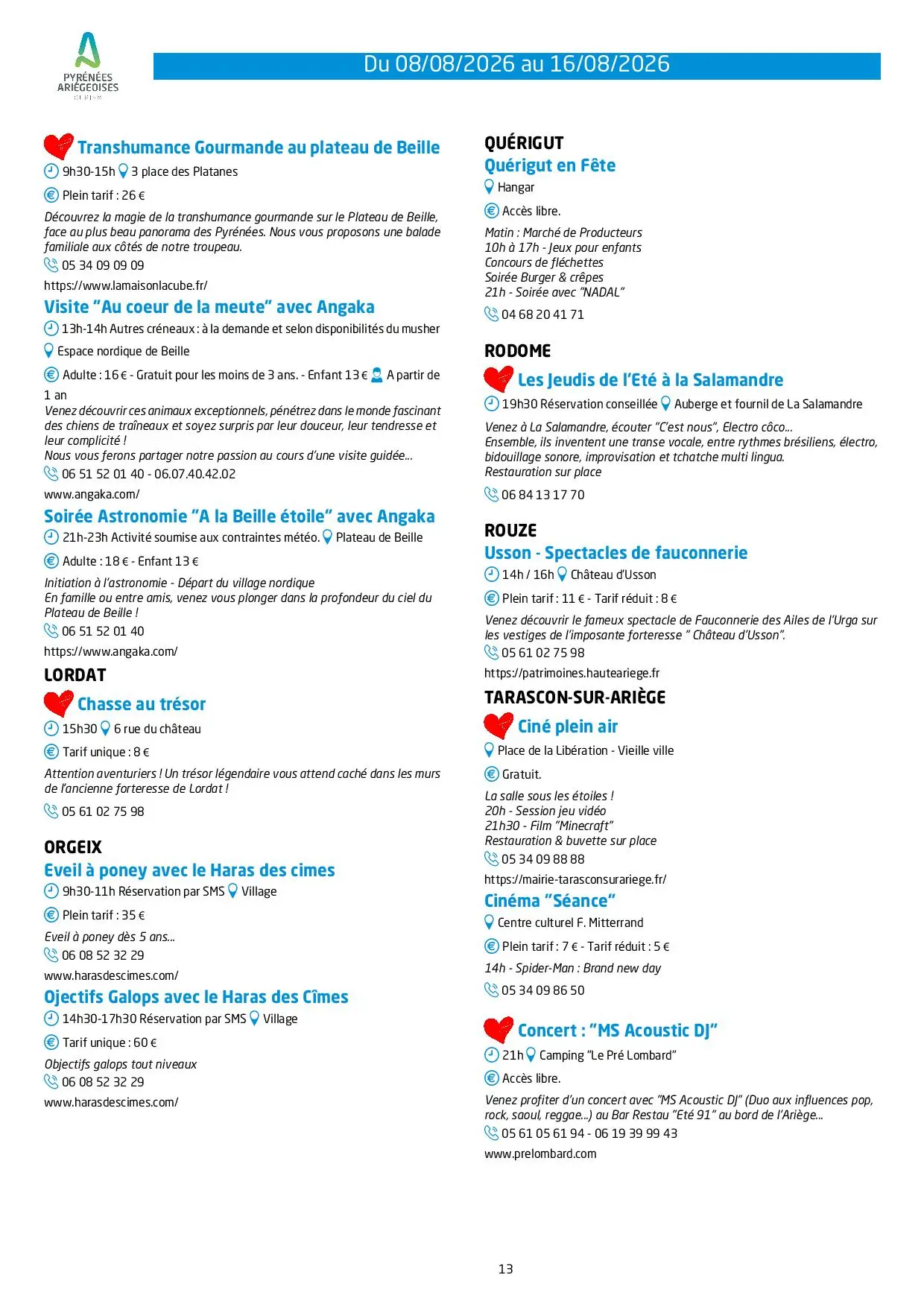 Programme des animations et des activités des Pyrénées Ariégeoises