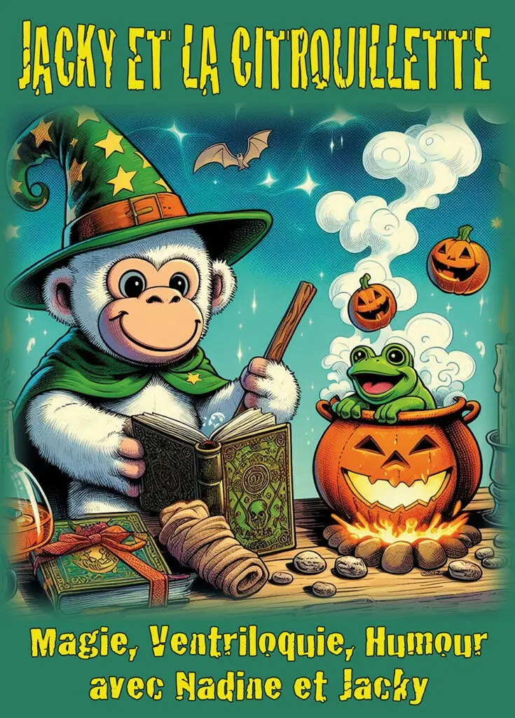 dessin d'un singe habillé en magicien qui prépare une potion