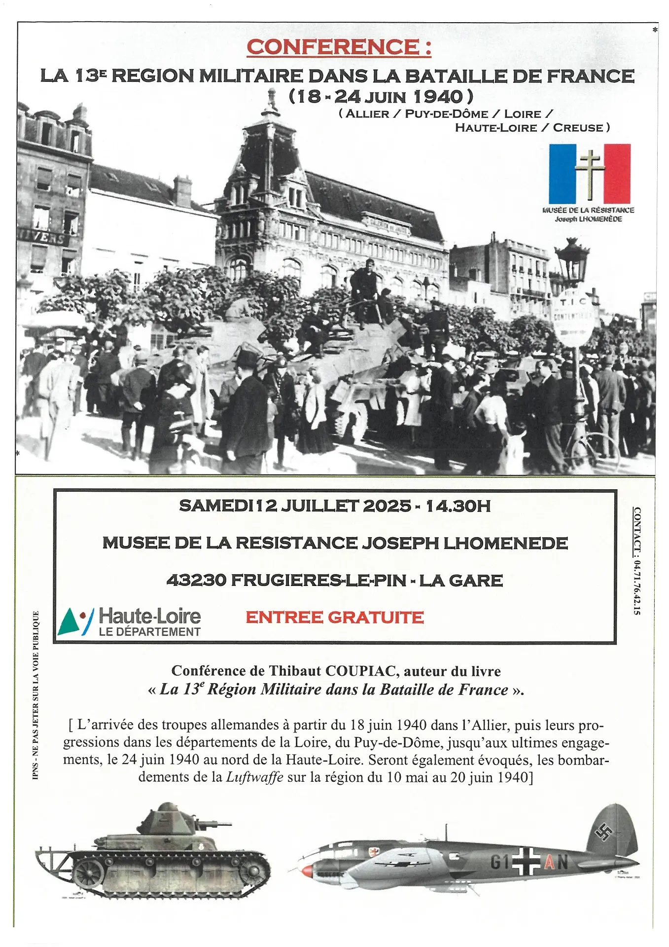 Conférence : la 13e région militaire dans la Bataille de France_Frugières-le-Pin