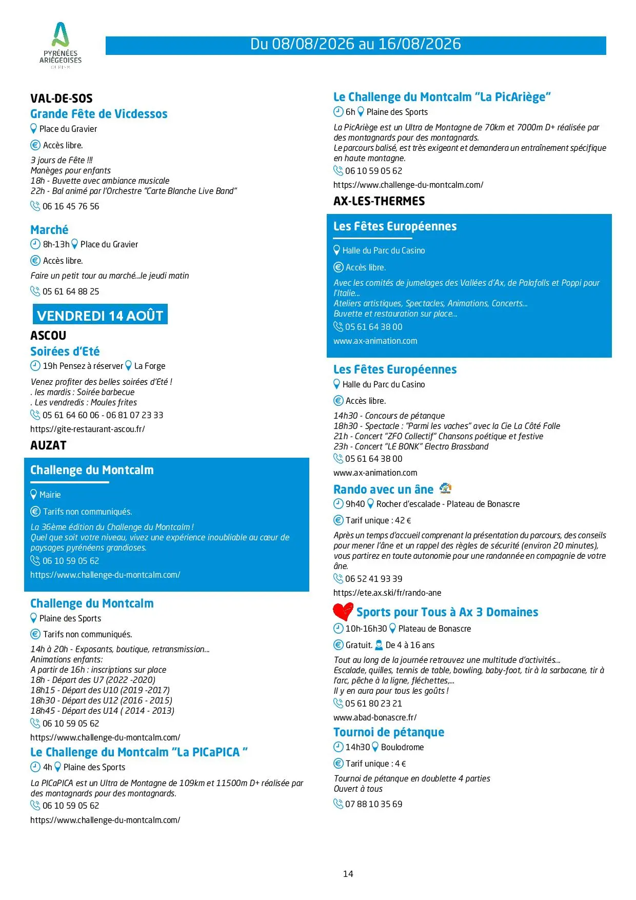 Programme des animations et des activités des Pyrénées Ariégeoises