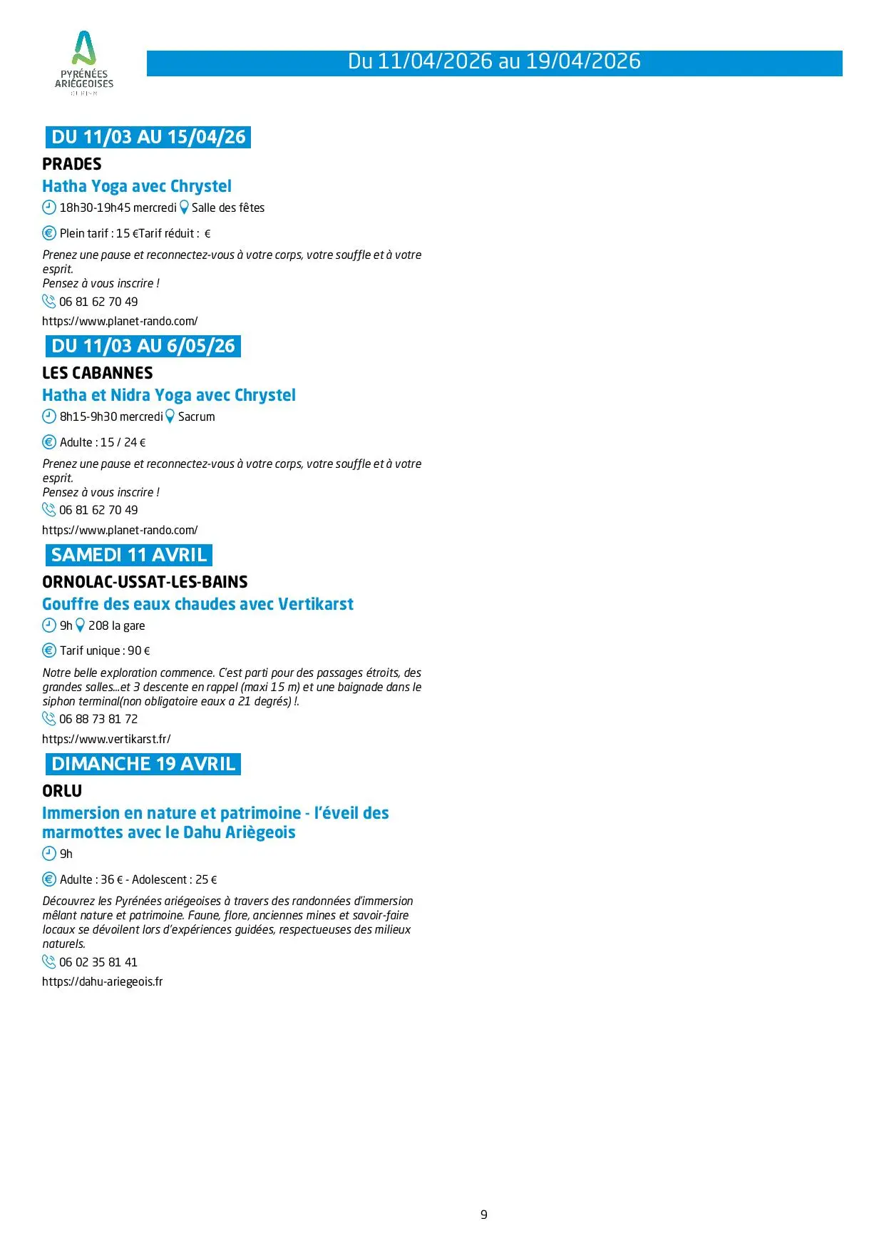 Du 11 au 19.04.Programme Animations & Activités