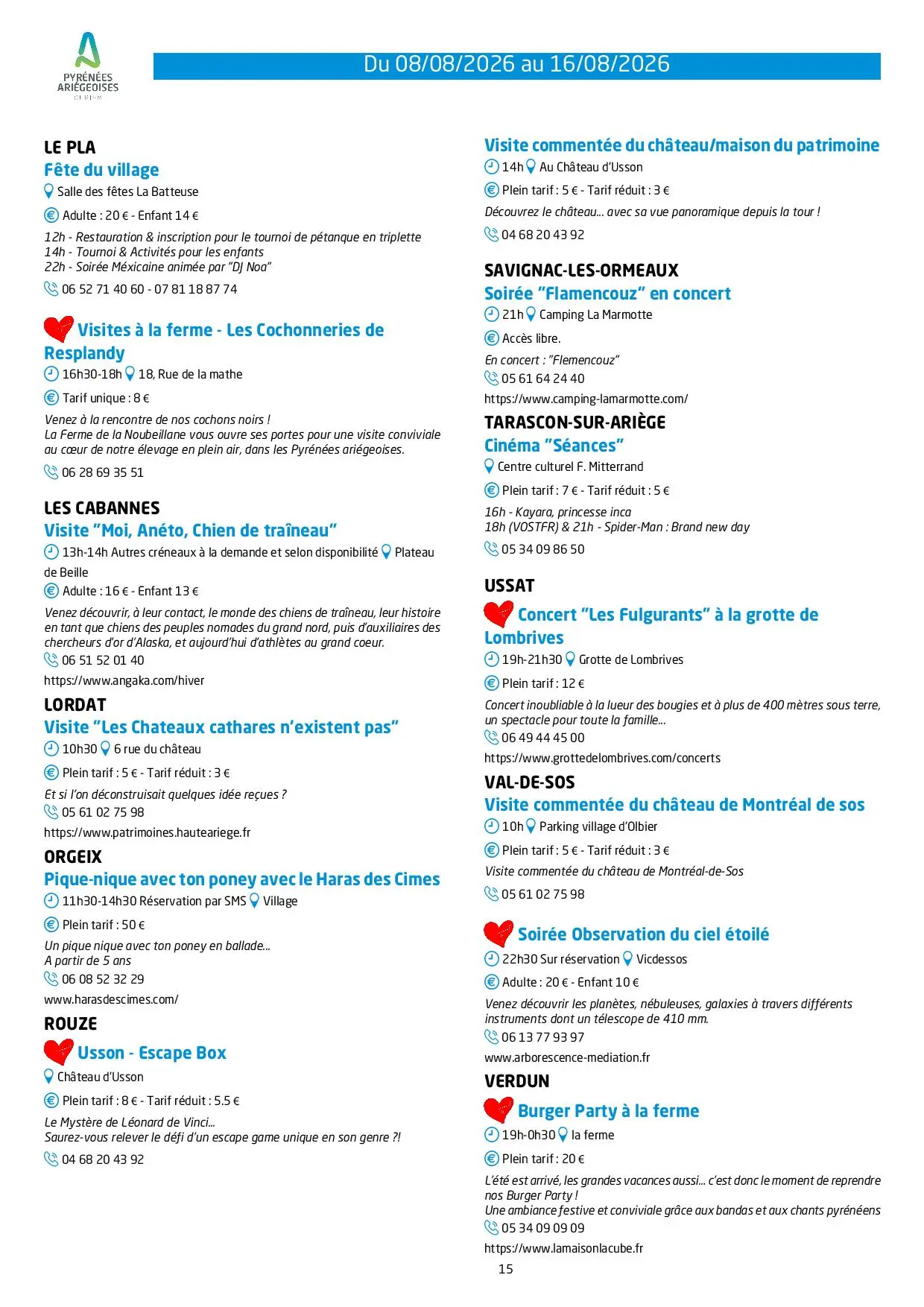 Programme des animations et des activités des Pyrénées Ariégeoises