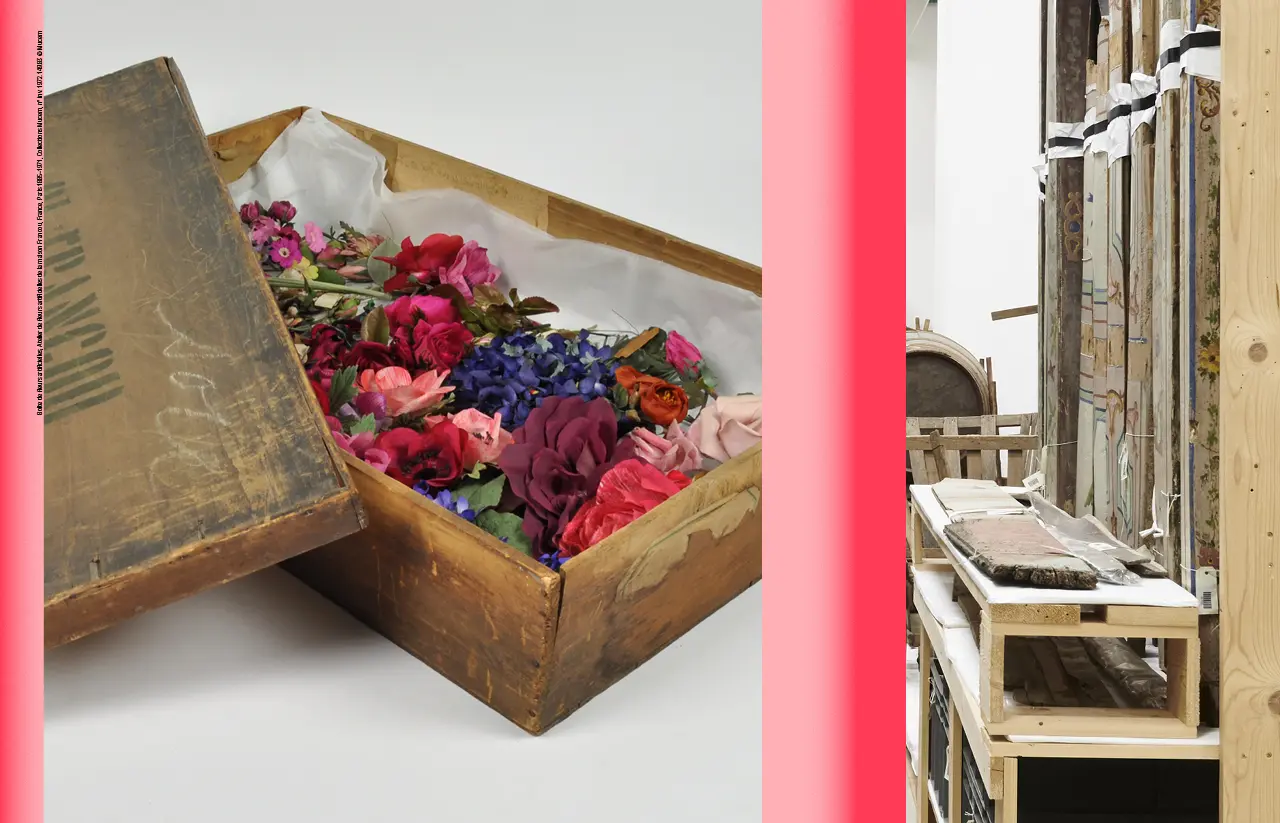 vieille boite qui contient des fleurs en plastique