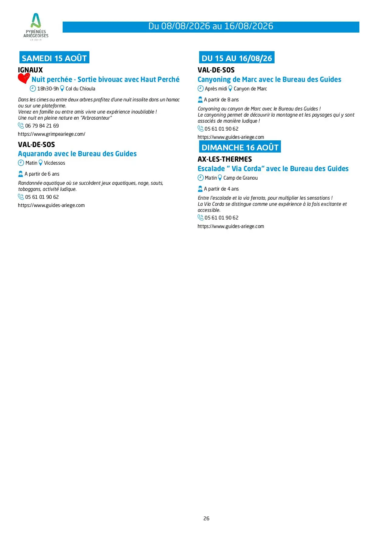 Programme des animations et des activités des Pyrénées Ariégeoises