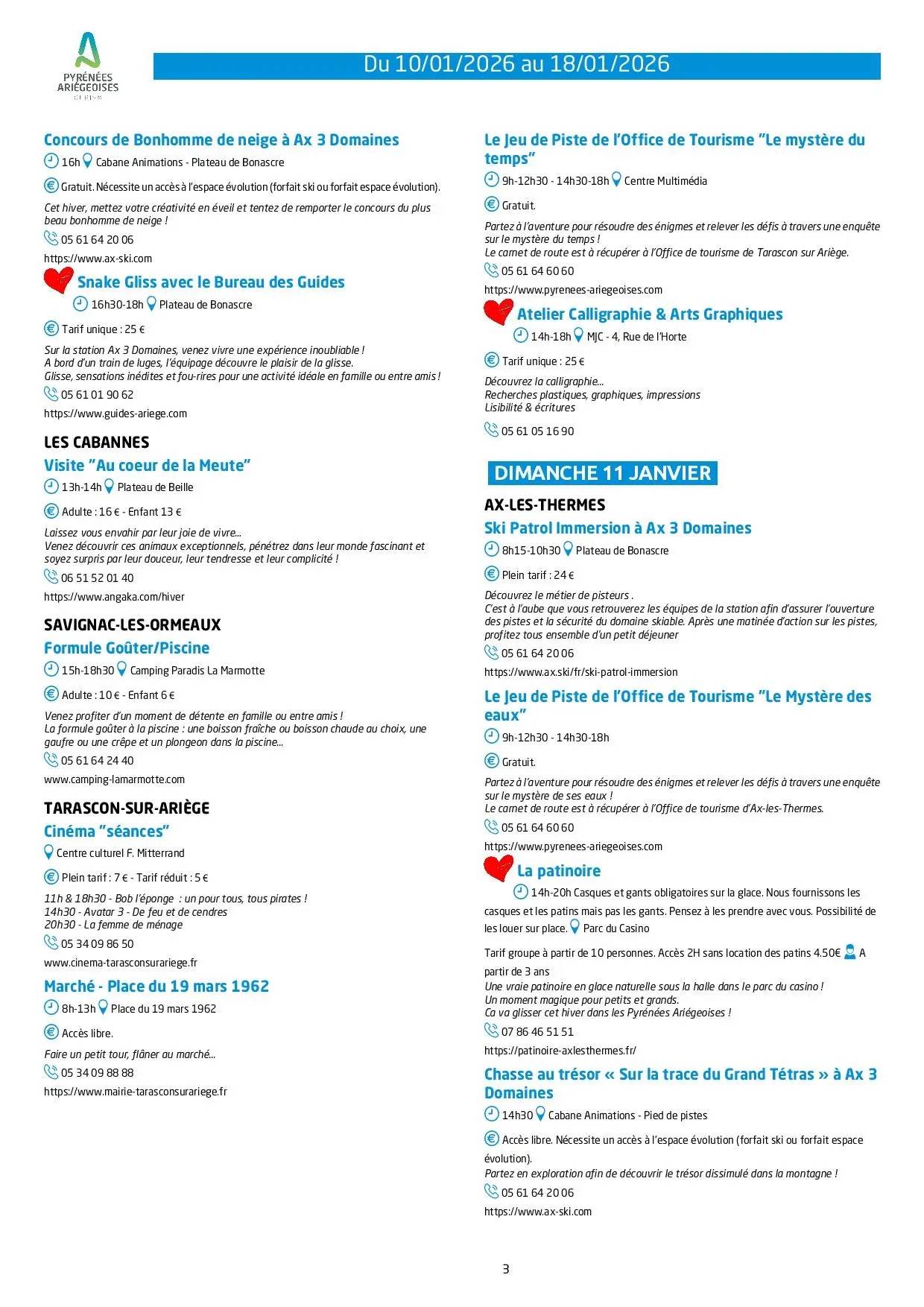 Du 10 au 18.01. Programme des Animations & Activités