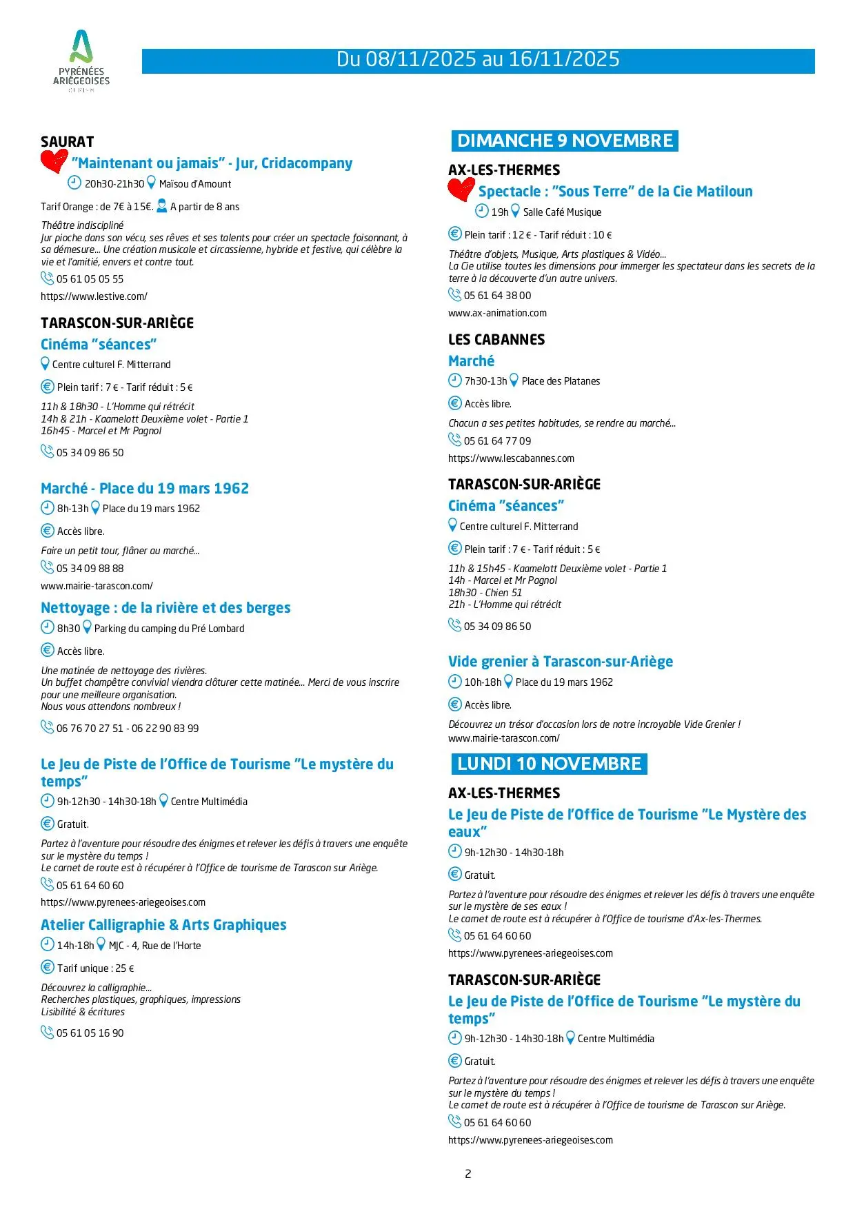 Du 08 au 16.11. 2025. Programme Animations & Activités