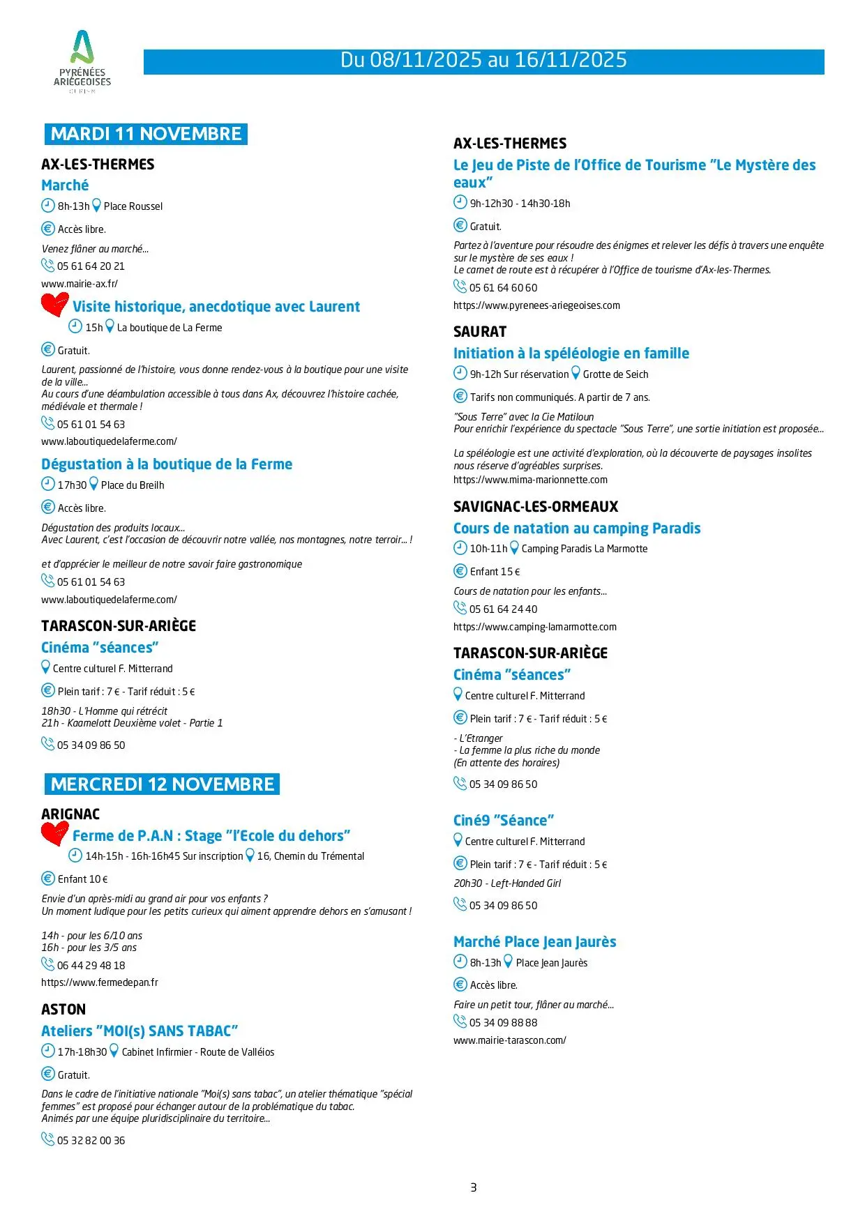 Du 08 au 16.11. 2025. Programme Animations & Activités