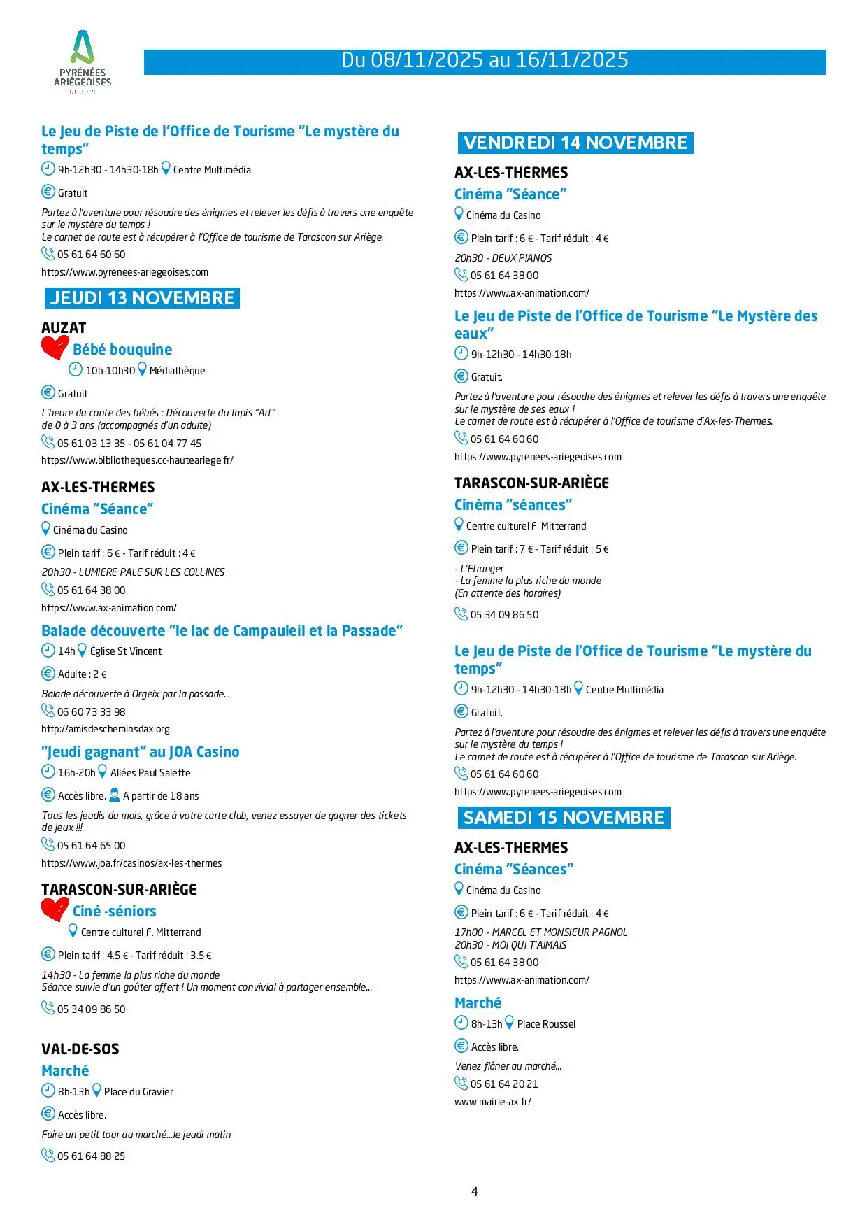 Du 08 au 16.11. 2025. Programme Animations & Activités