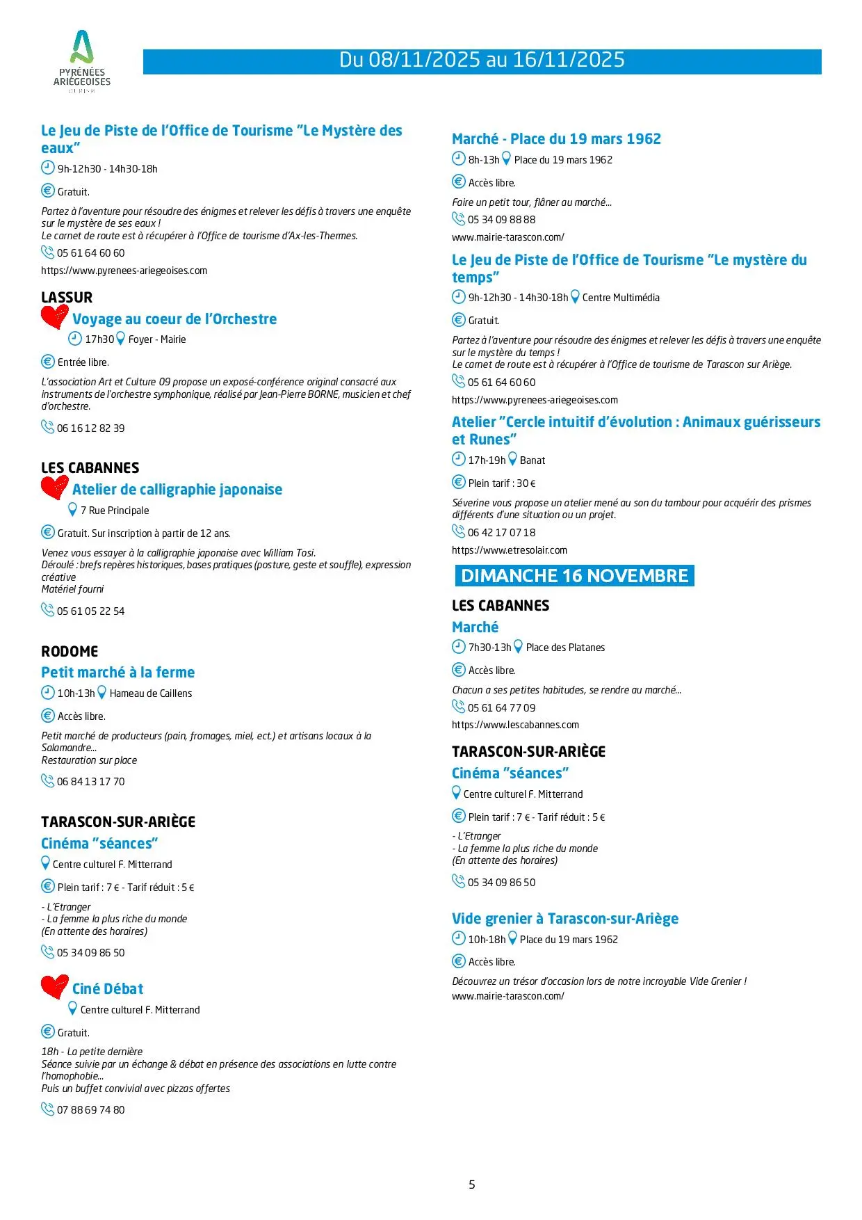 Du 08 au 16.11. 2025. Programme Animations & Activités