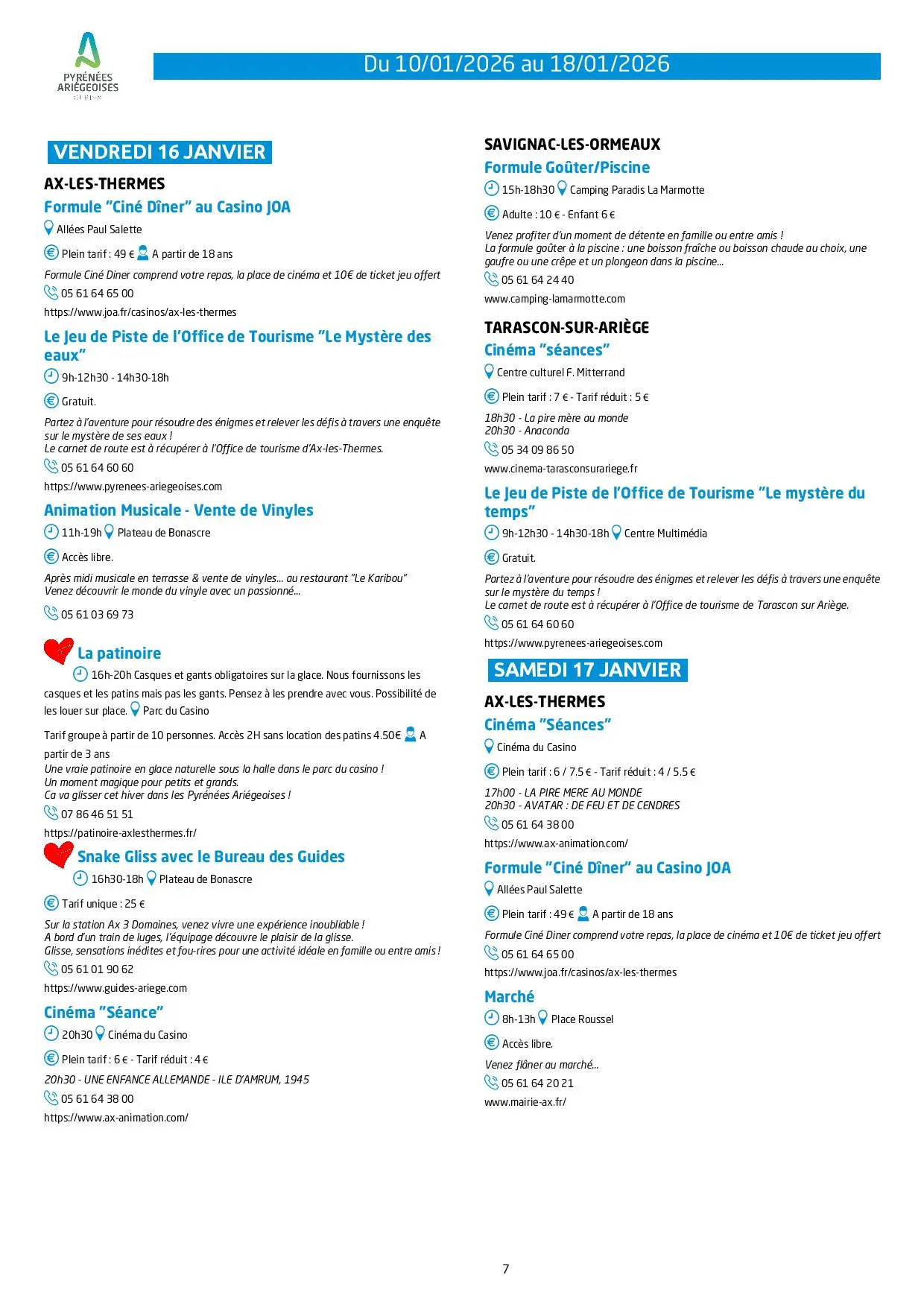 Du 10 au 18.01. Programme des Animations & Activités