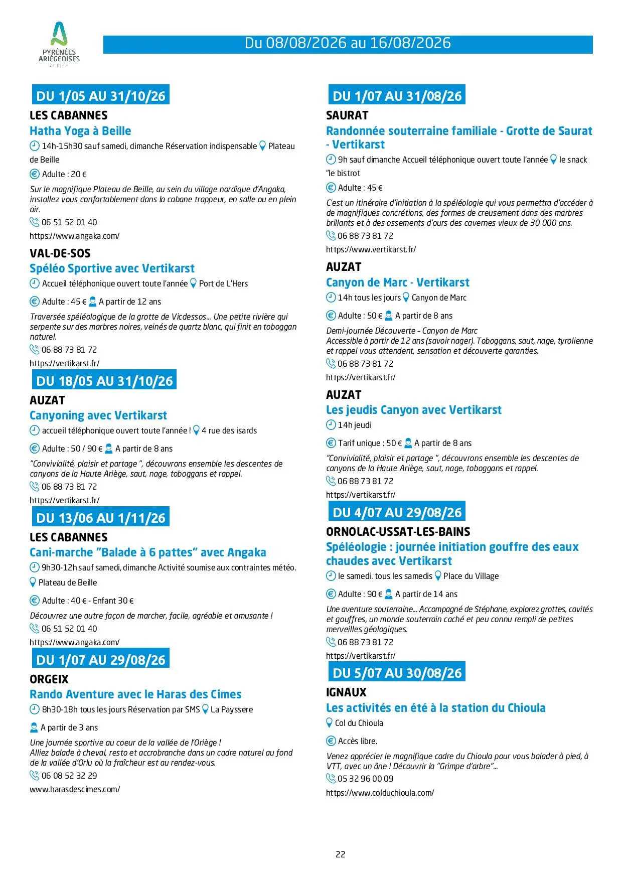 Programme des animations et des activités des Pyrénées Ariégeoises