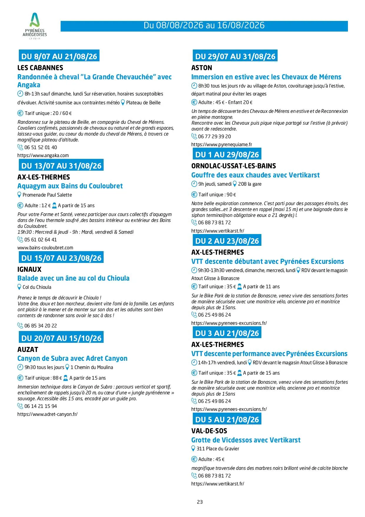 Programme des animations et des activités des Pyrénées Ariégeoises