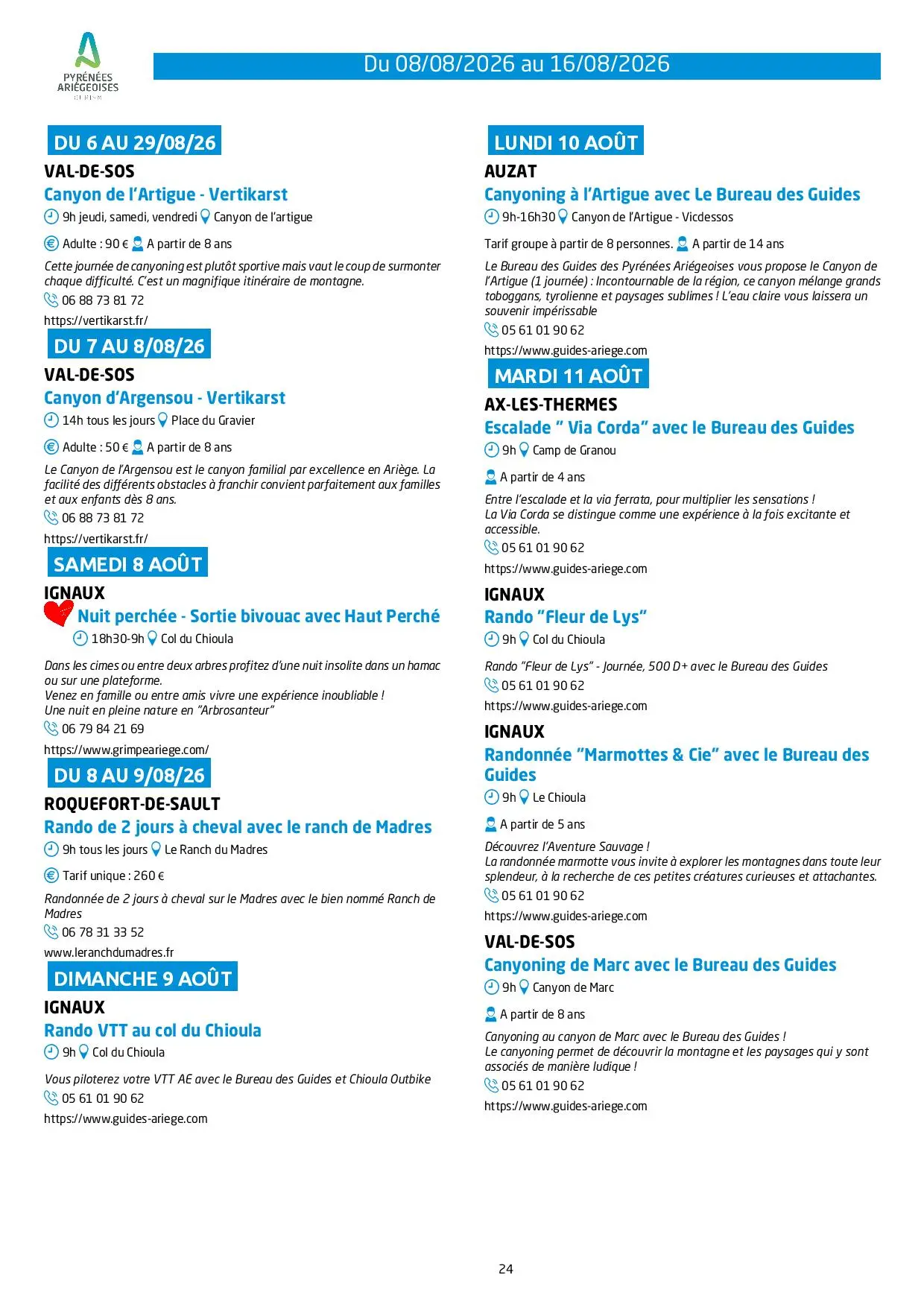 Programme des animations et des activités des Pyrénées Ariégeoises