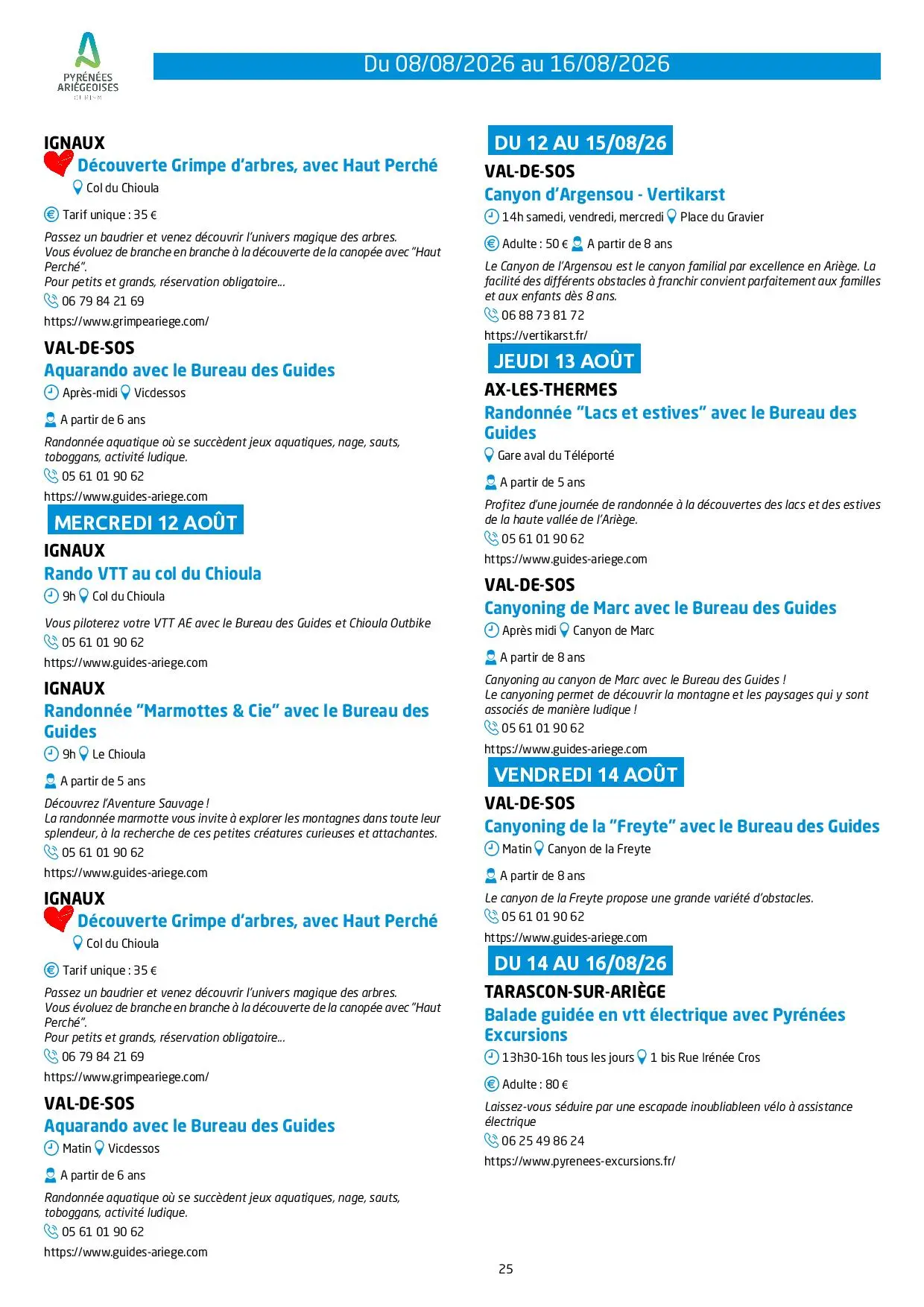 Programme des animations et des activités des Pyrénées Ariégeoises
