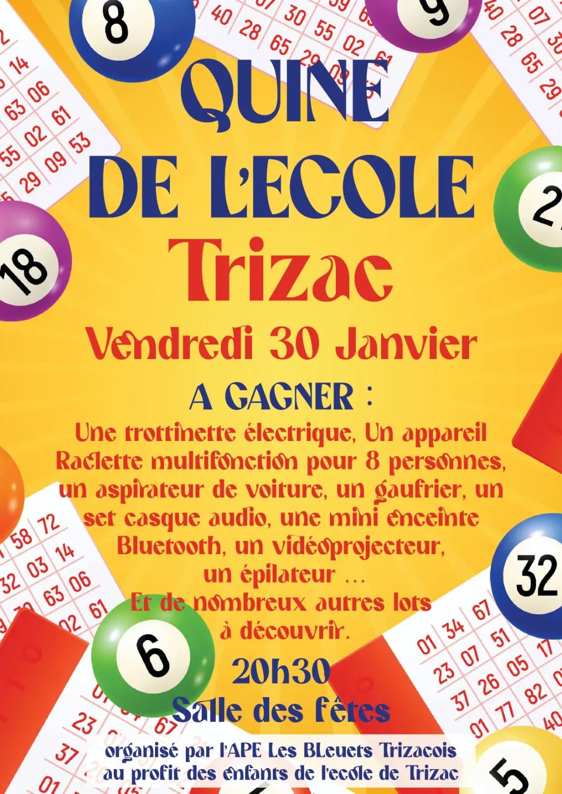 Affiche pour le quine organisé par l'APE Les Bleuets Trizacois