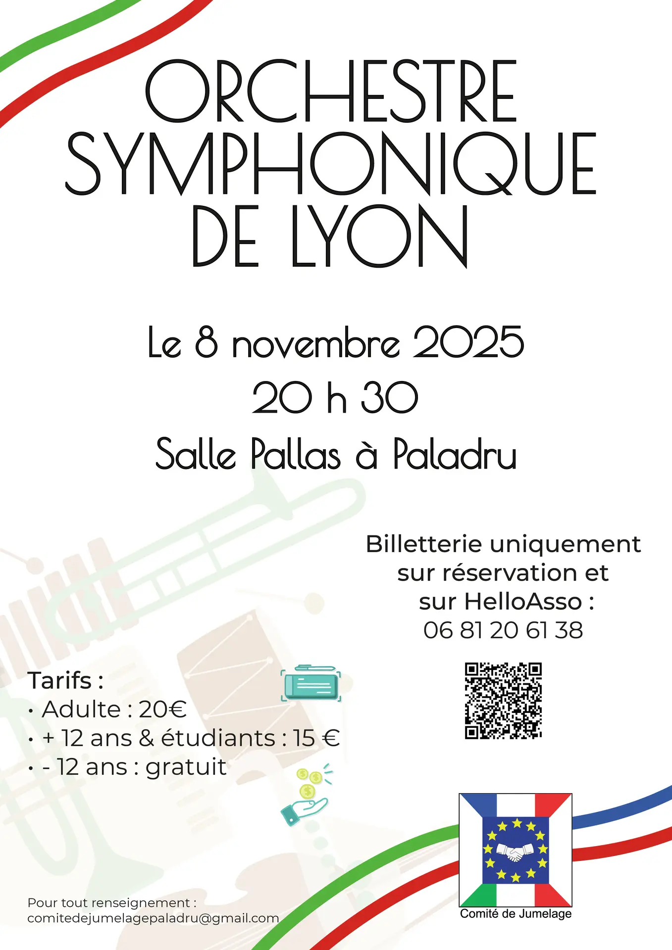 Dessins en arrière-plan d'instruments de musique, informations de l'évènement