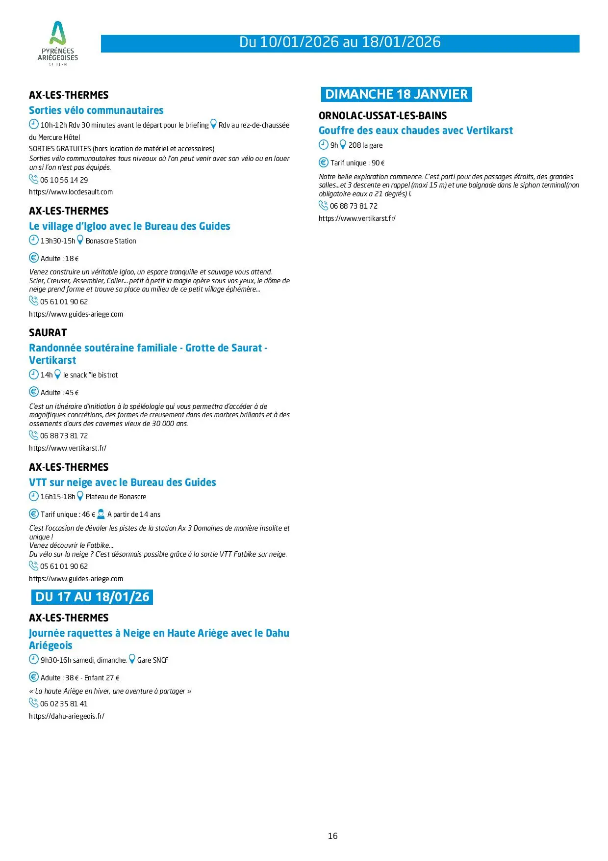 Du 10 au 18.01. Programme des Animations & Activités