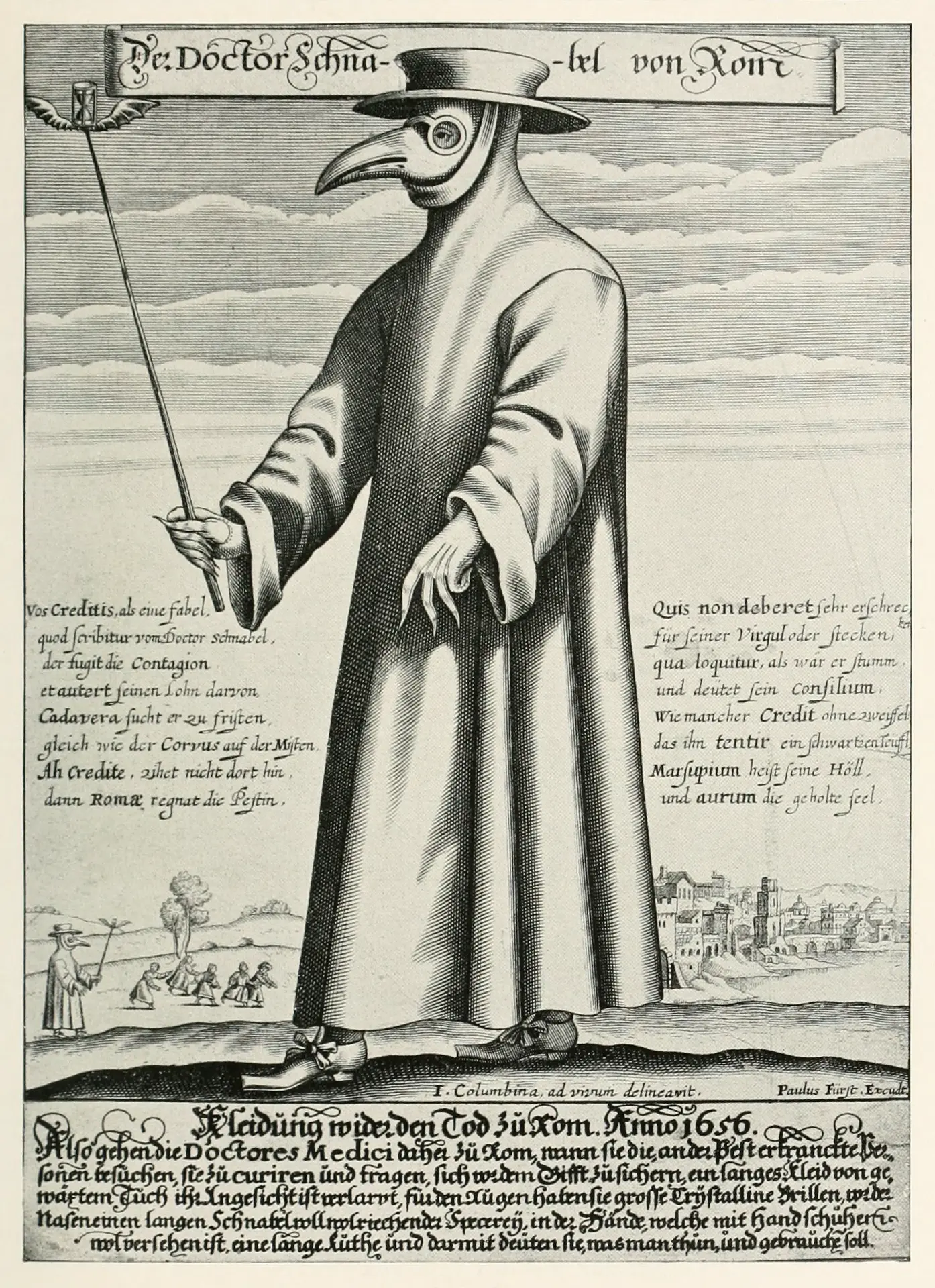 Image d'un médecin de peste, gravure 1656