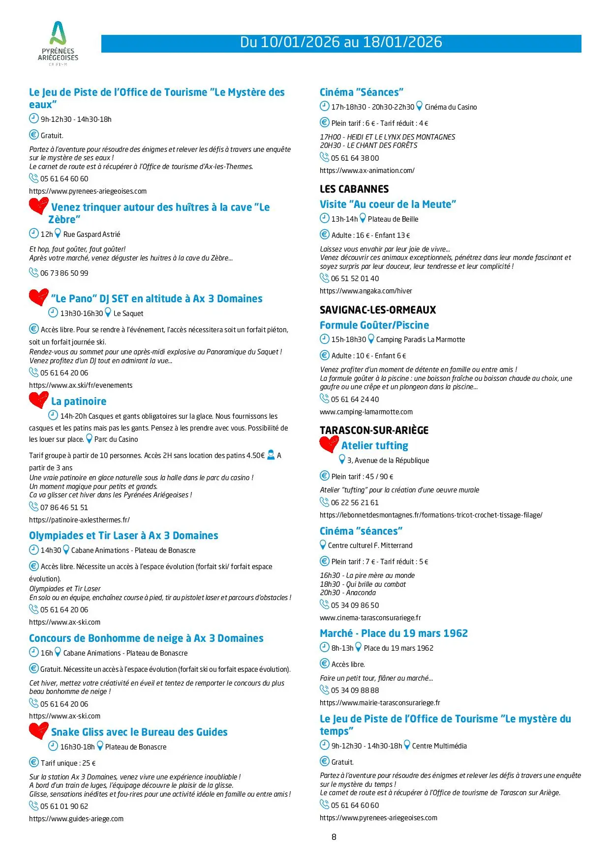 Du 10 au 18.01. Programme des Animations & Activités