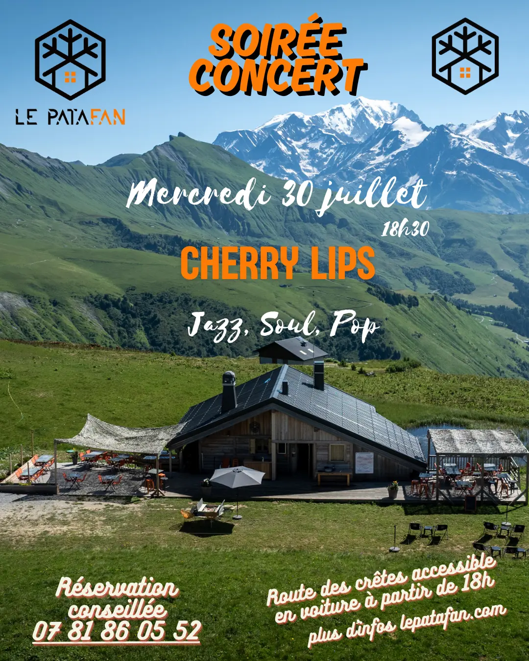 Refuge-restaurant devant alpages et Mont Blanc
