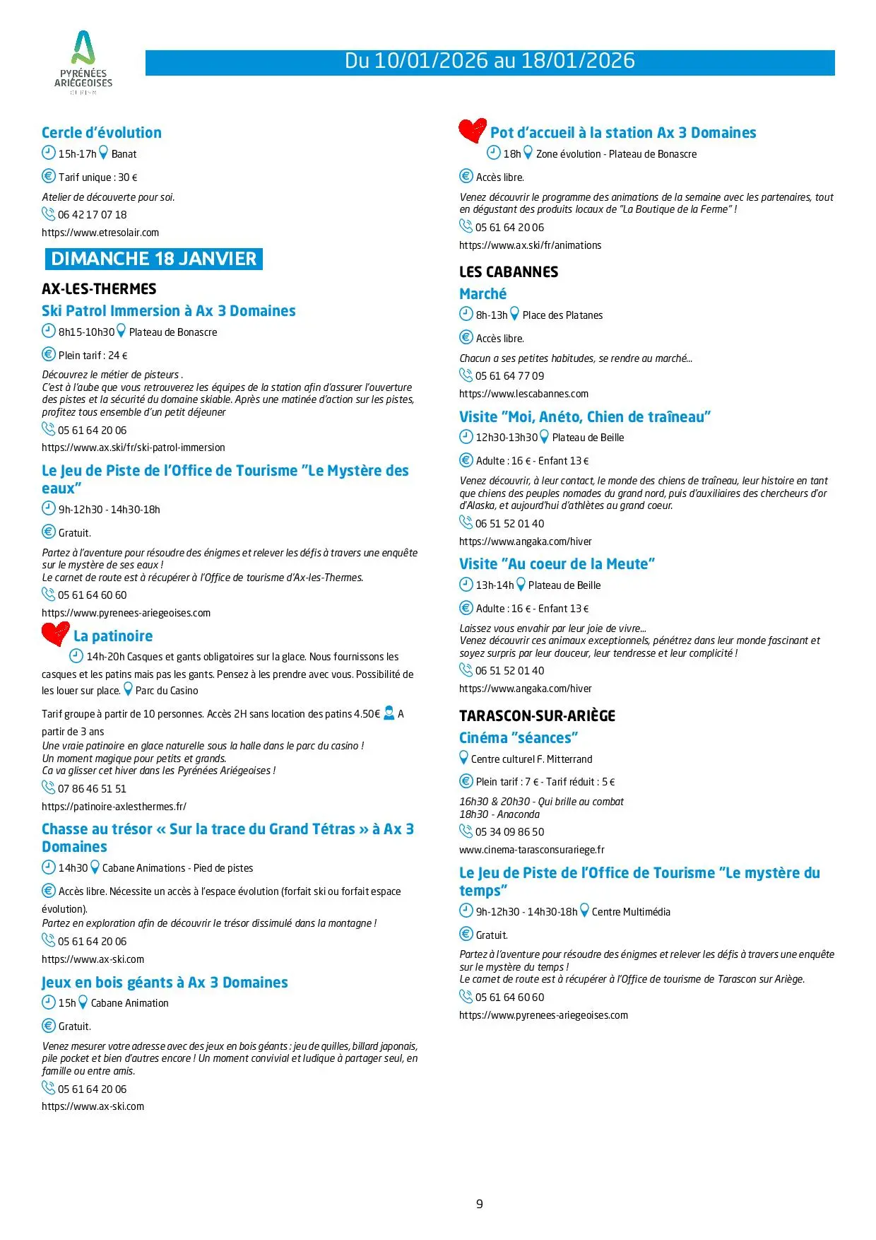 Du 10 au 18.01. Programme des Animations & Activités