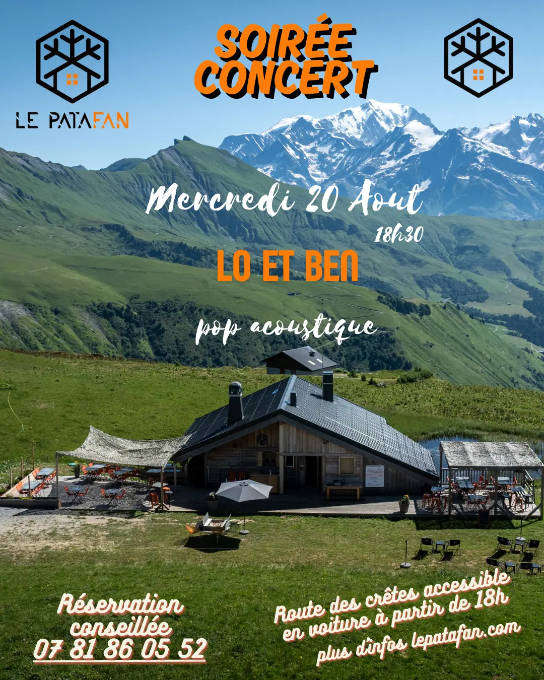 Refuge-restaurant devant alpages et Mont Blanc