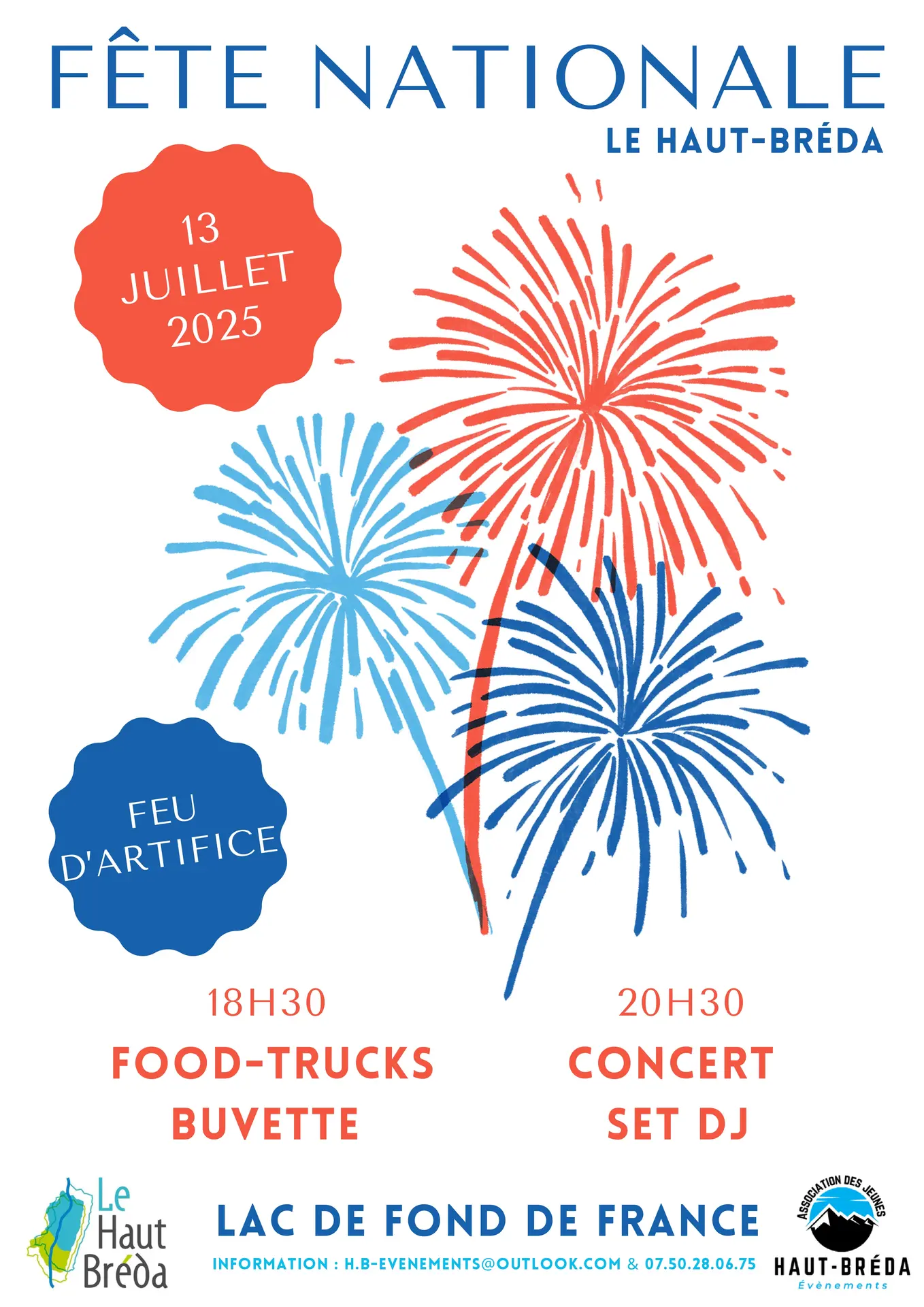 Fête nationale du Haut-Bréda ; 13 juillet 2025 ; feu d'artifice rouge, bleu roi, bleu ciel