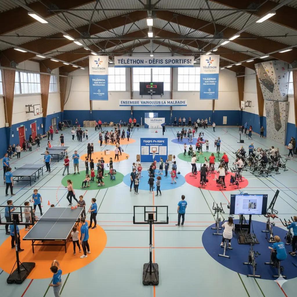 image montrant différents défis sportifs dans un gymnase pour le Téléthon