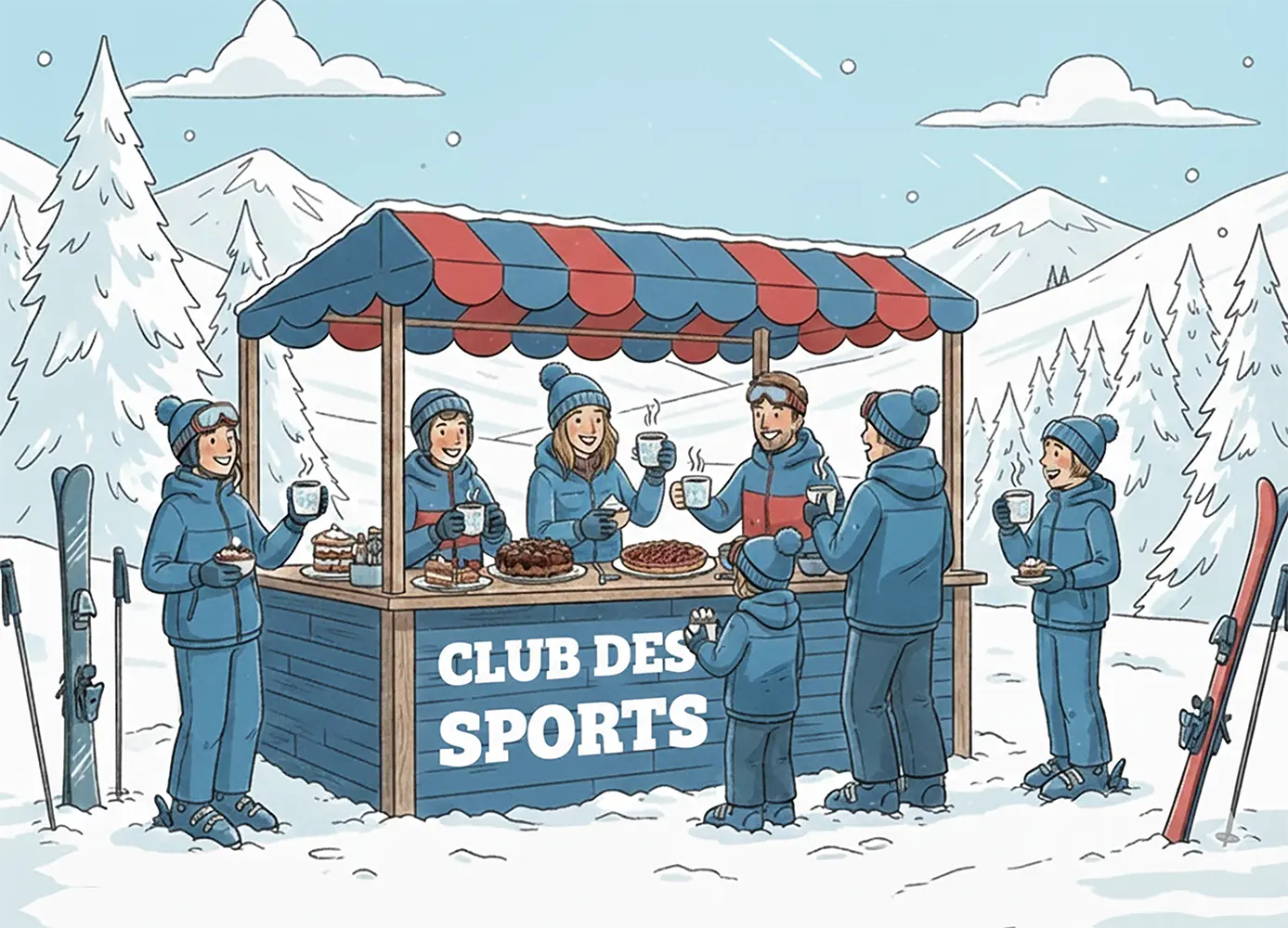Cette illustration représente le goûter convivial du Club des Sports, où skieurs et enfants se rassemblent autour d'un stand extérieur pour savourer des gâteaux et des boissons chaudes.