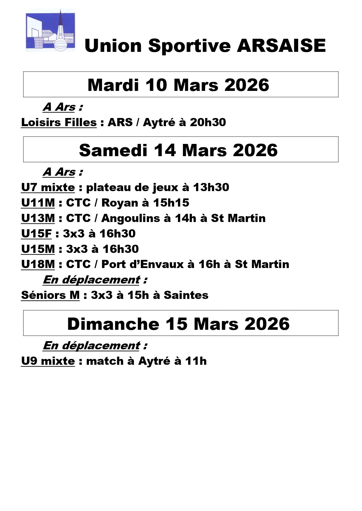 Affiche des matchs de basket de l'Union sportive arsaise