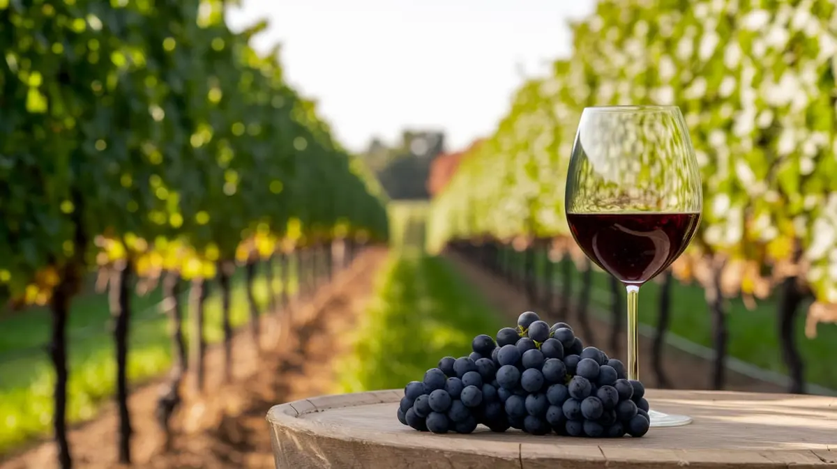 photo d'un verre de vin rouge avec une grappe de raisin posés sur un tonneau dans un vignoble