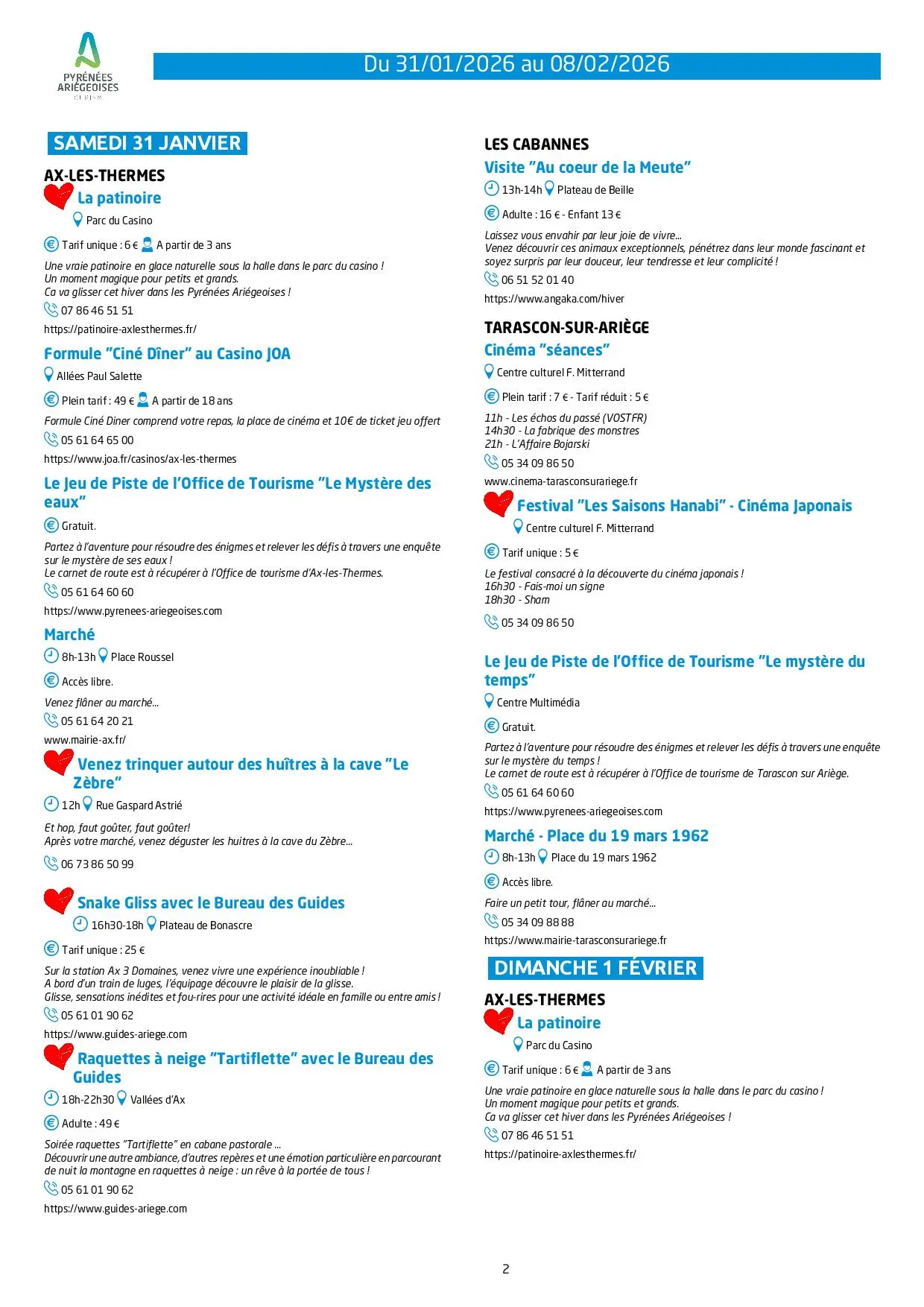 Du 31.01 au 08.02.Programme des Animations & Activités