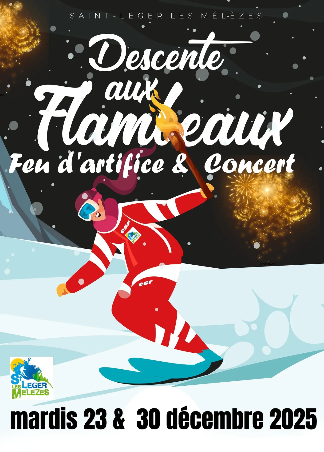 Descente aux flambeaux et feu d'artifice à St Léger les Mélèzes