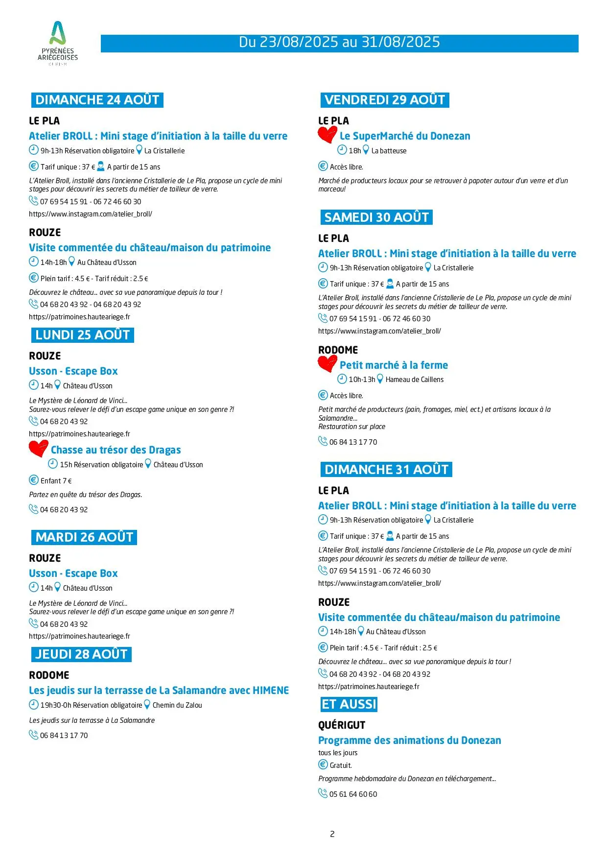 Du 23 au 31.08.Programme Animations & Activités.Donezan