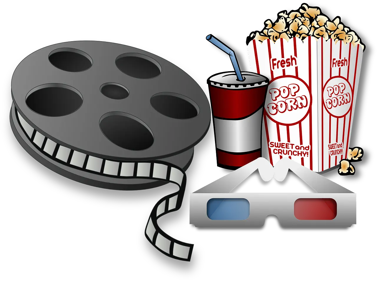 Image représentant une bobine de film, une boisson et des pop corn