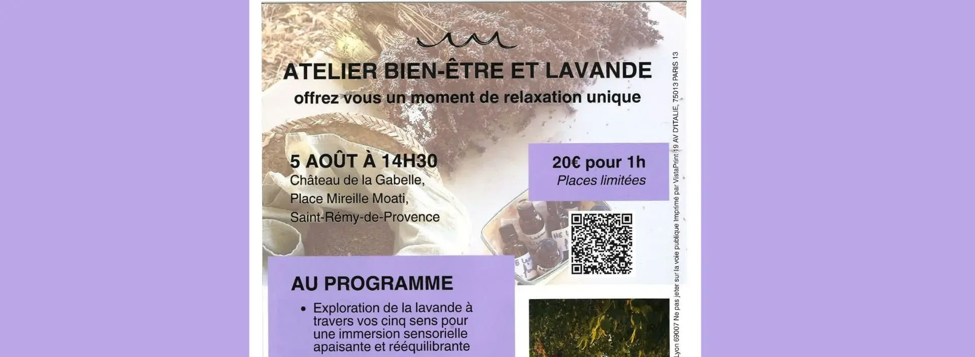 Affiche atelier bien etre et relaxation à base de lavande