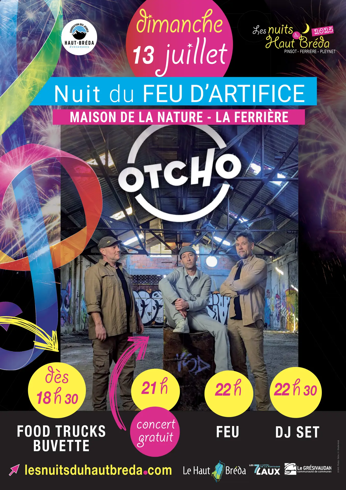 Nuit du feu d'artifice ; maison de la nature ; la ferrière ; otcho groupe ; note de musique ; dimanche 13 juillet ; les nuits du Haut-Bréda
